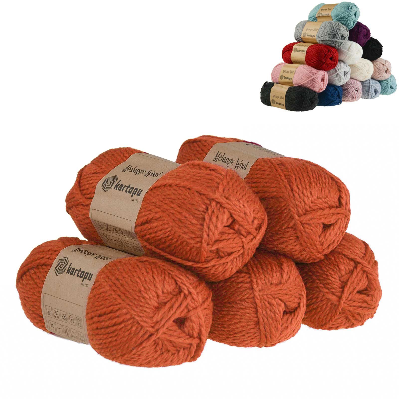 Kartopu 5 x 100g Strickgarn Kartopu Melange Wool Häkelwolle, 170 m, K1210 dunkelorange