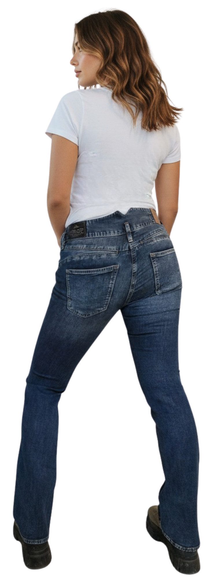 Herrlicher Bootcut-Jeans 5832-RD662, aus Recycled Denim Light aufsteigender Spitzbund hinten