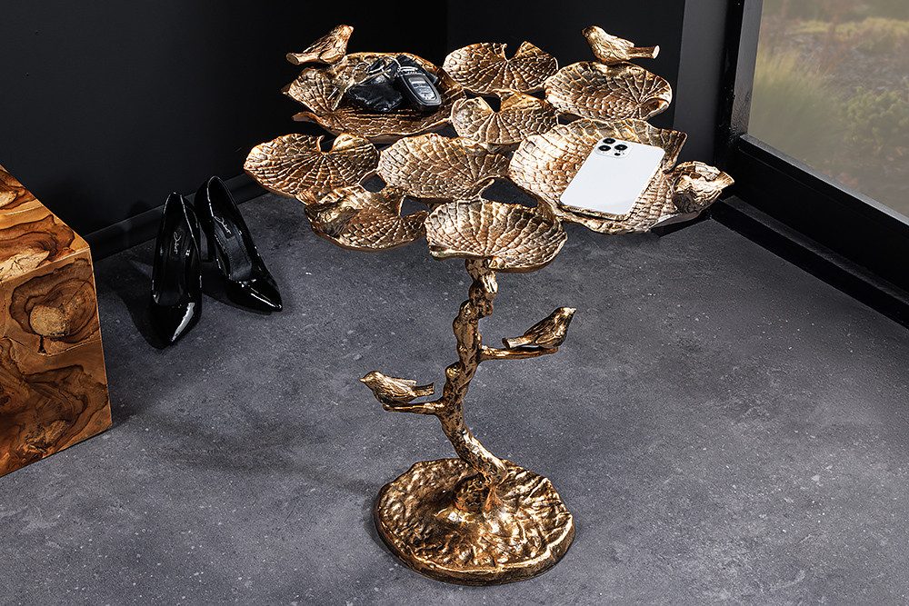 riess-ambiente Beistelltisch BIRDS 65cm messing · In- & Outdoor-Tisch mit Blatt-Design aus Metall (Einzelartikel, 1-St), Wetterfester Gartentisch mit Vogel-Skulpturen · handmade Dekotisch