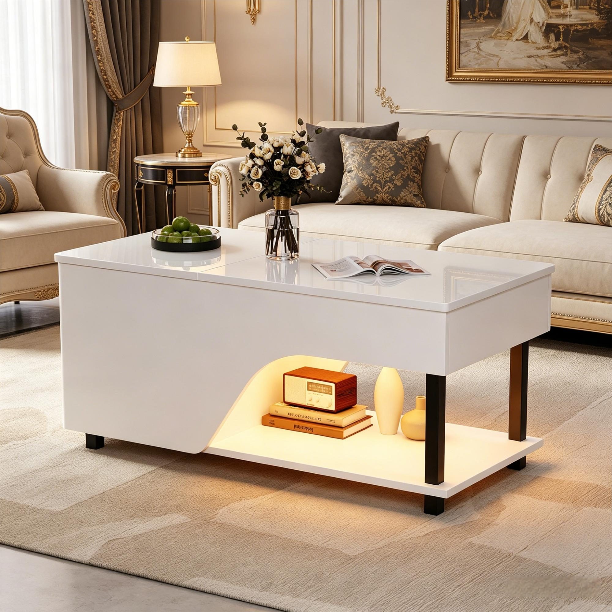 Celya Couchtisch Beistelltisch, Teetisch Höhenverstellbarer (LED-Sofatisch mit seitlicher Ablage und verstecktem Stauraum), Geeignet für Wohnzimmer usw