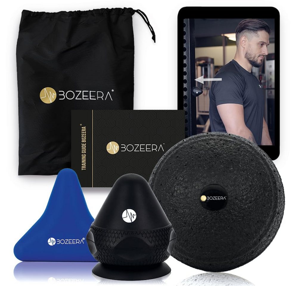 BOZEERA Massageball Triggerpunkt Drücker Set Faszien, Triggerdinger mit Saugnapf, Für Muskelschmerzen & Verspannungen 3-tlg., 2x Massagegerät & 1x Faszienball, Inkl. Video, Booklet & Tasche