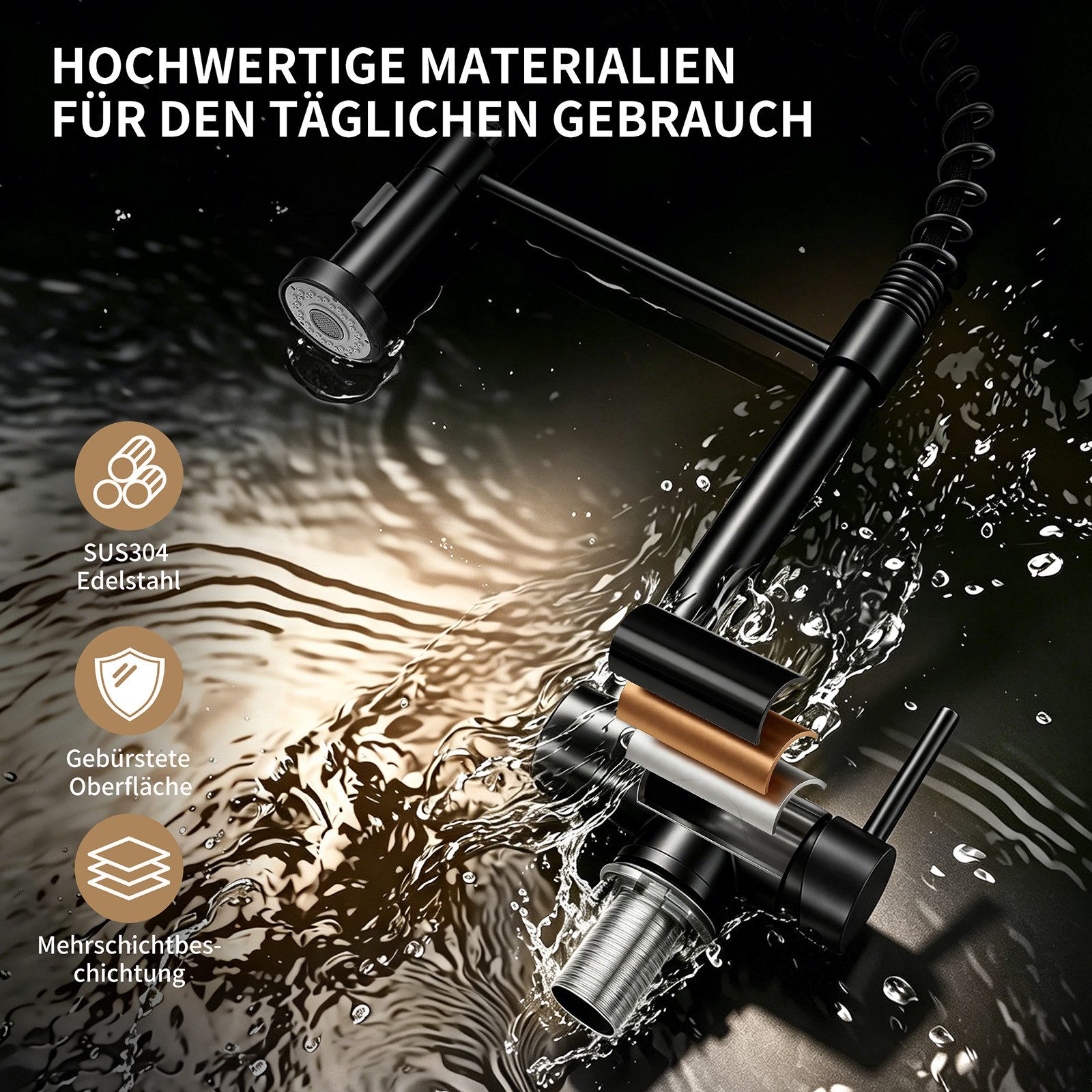 HOMELODY Küchenarmatur Vorfenster Wasserhahn, 360° Drehbare, Unterfenster Klappbar 180° (Mischbatterie bad) Spültischarmatur,zwei Strahlarten,Edelstahl 304,Gebü – Bild 4 von 5