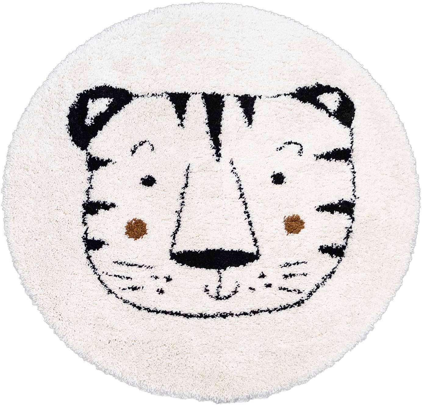 Primaflor-Ideen in Textil Kinderteppich NOMAD - Whiter Tiger, rund, Höhe: 35 mm, Hochflor, Motiv Tiger, weich & kuschelig, Kinderzimmer