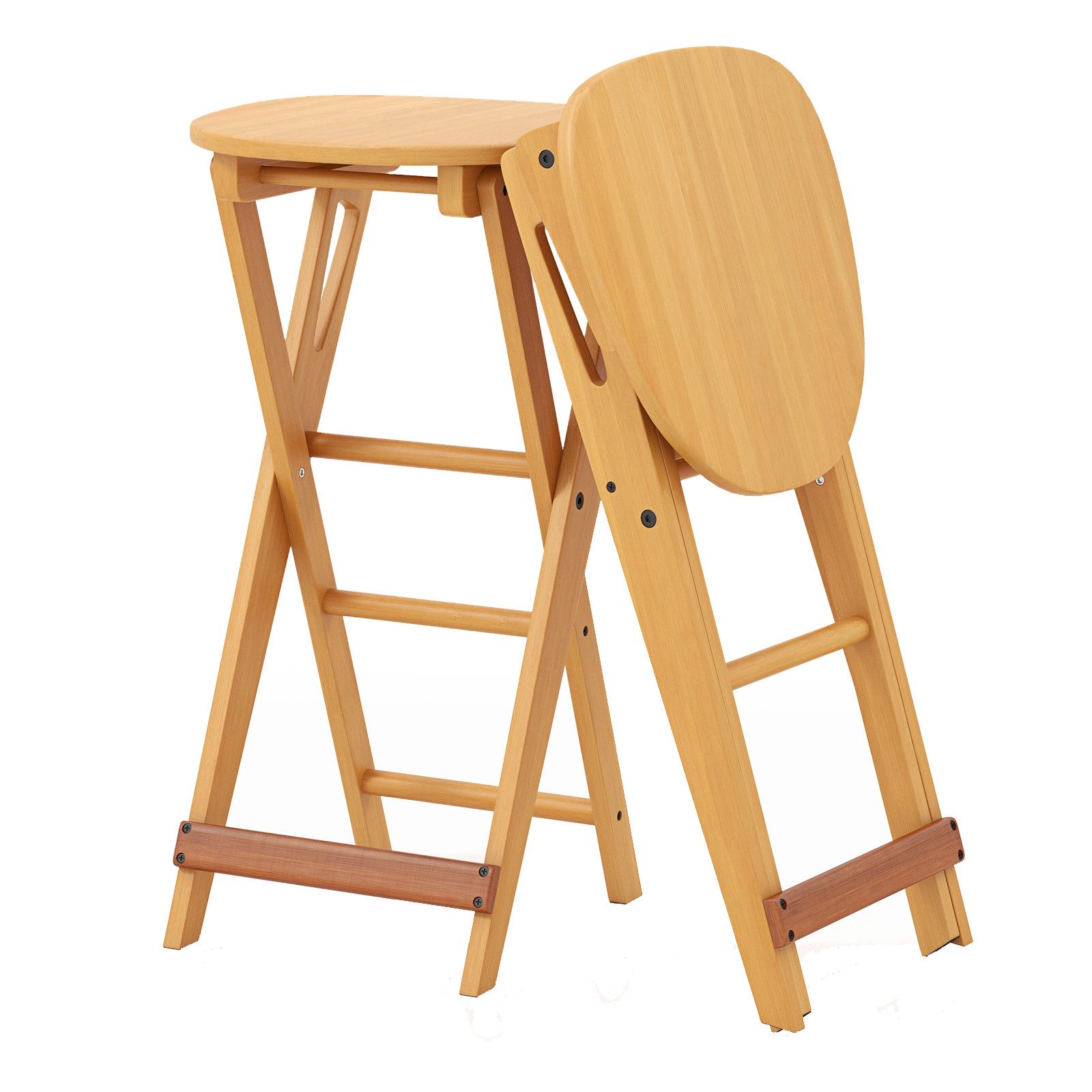 Barhocker Klappbar Bambus Klappbarer Bambus-Barhocker Ohne Lehne – Runder Küchenhocker Mit Griff, Sitzhöhe 60 Cm, Für Tresen 85–95 Cm, Tragkraft 90 Kg