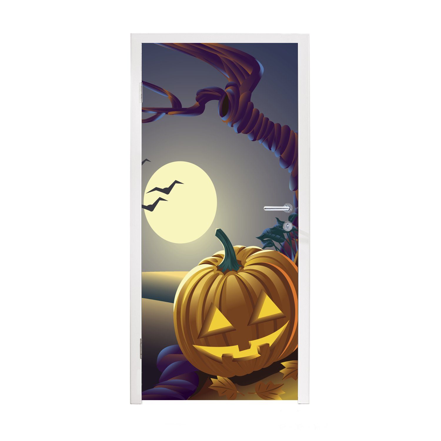 MuchoWow Türtapete Zwei Kürbisse in einer Halloween-Nacht in einer Illustration, Matt, bedruckt, (1 St), Fototapete für Tür, Türaufkleber, 75x205 cm