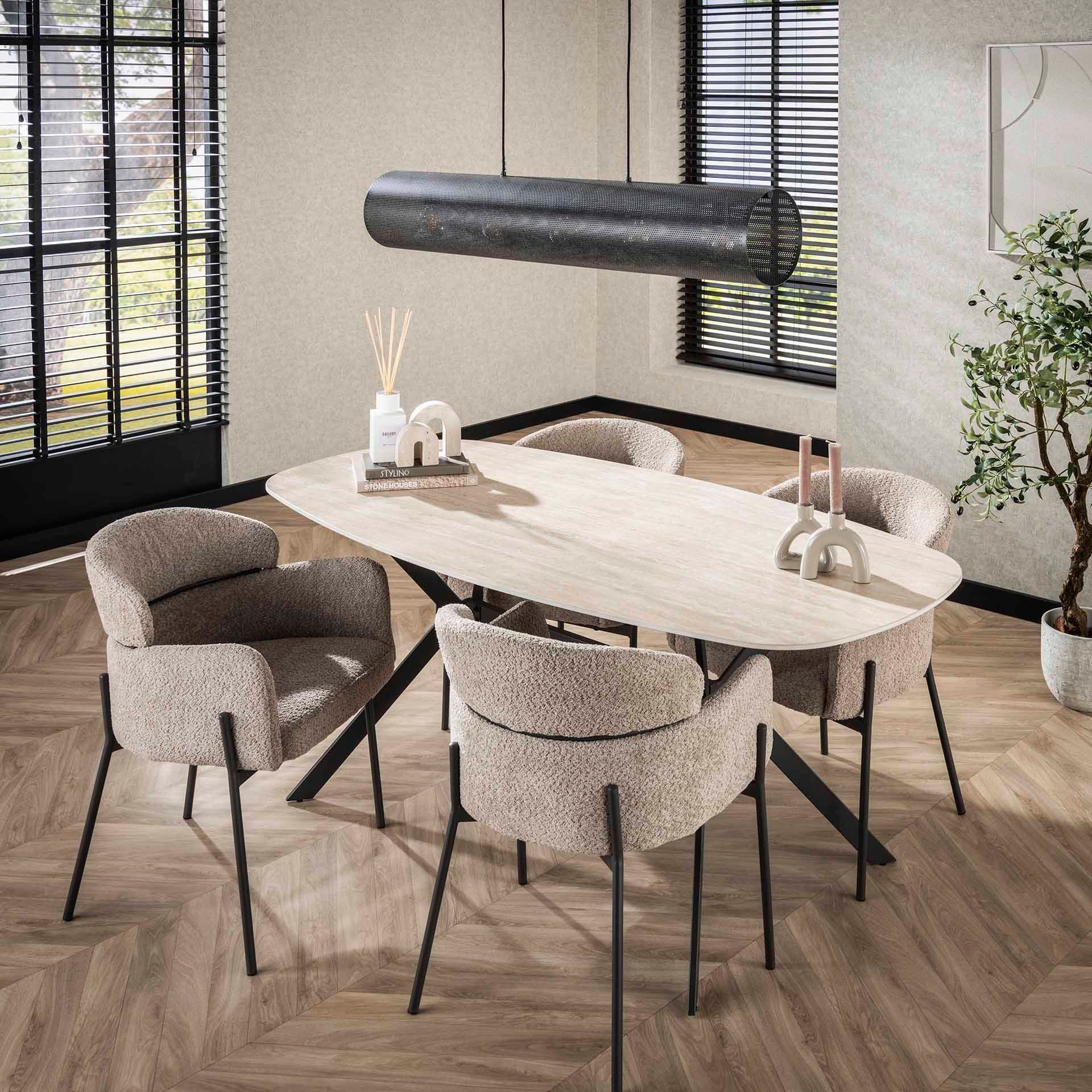 Vintagehaus Essgruppe 5erSet Esstisch Arch 180 Travertin Keramik Metallbeine 4 Stühle Boucle