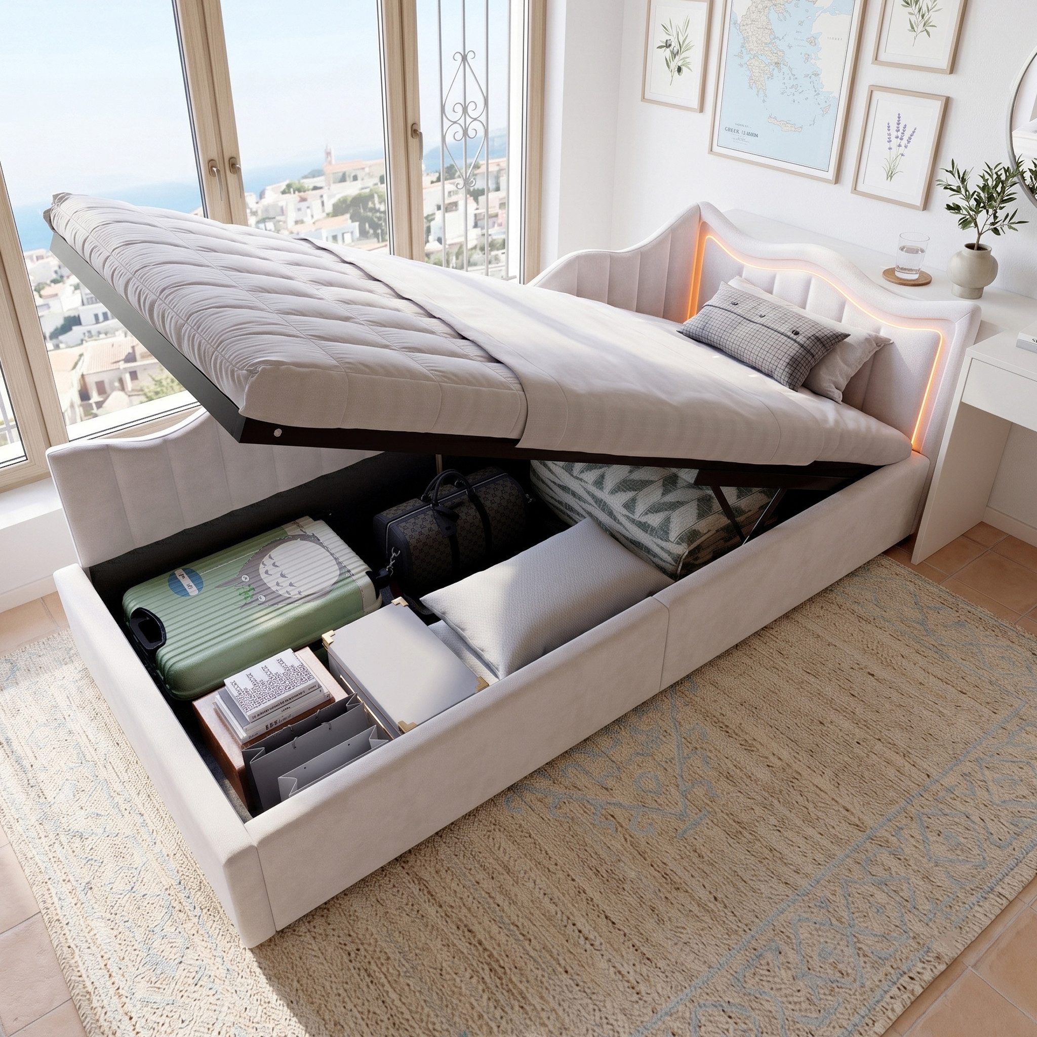zebery Schlafsofa Daybett Polsterbett Tagesbett Mit Bettkasten, Set 1 Teile, 90x200 cm,LED-Licht,Multifunktionsbett,Samtstoff,Beige