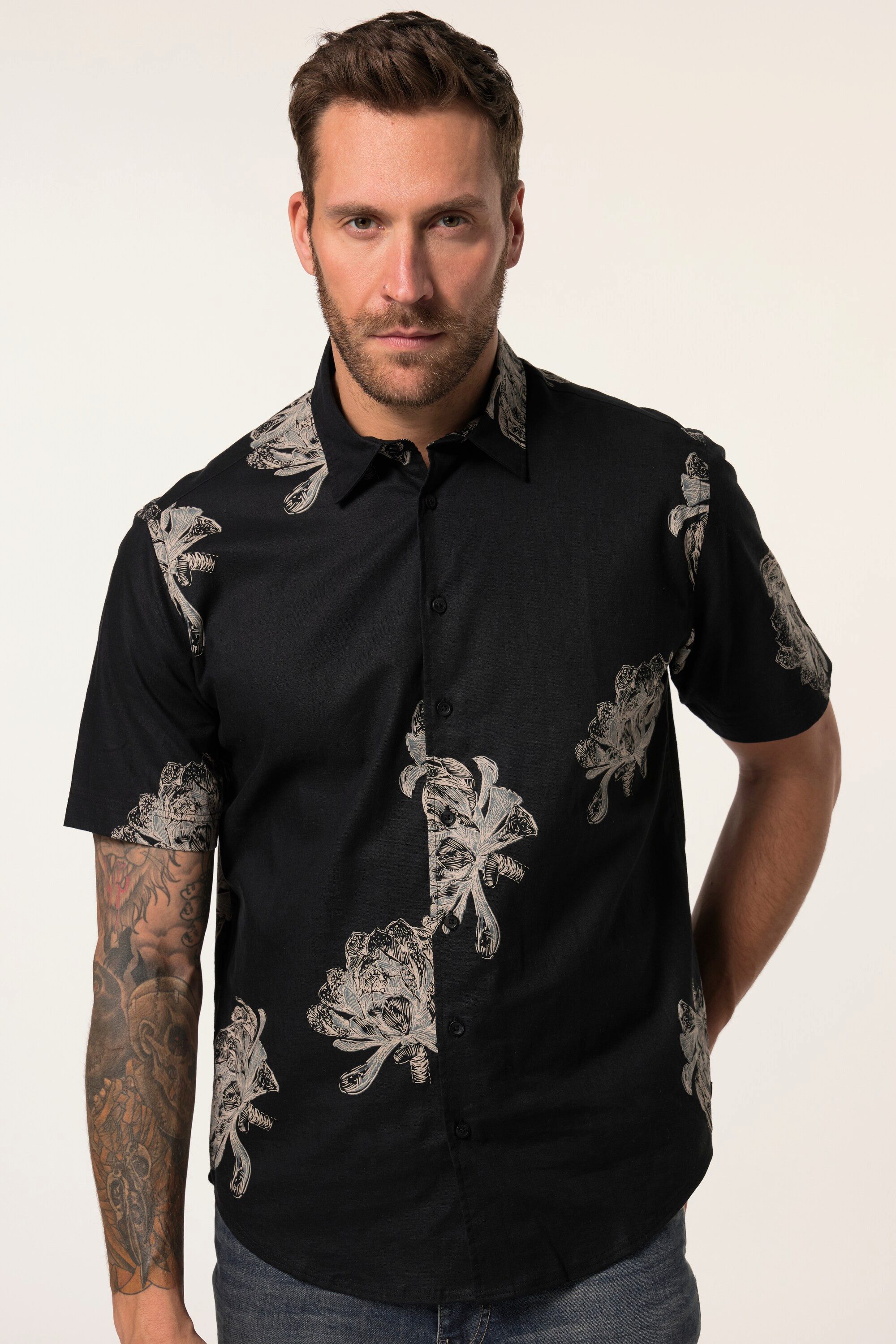 JP1880 Kurzarmhemd Hemd Halbarm Leinenmix Kentkragen Alloverprint günstig online kaufen