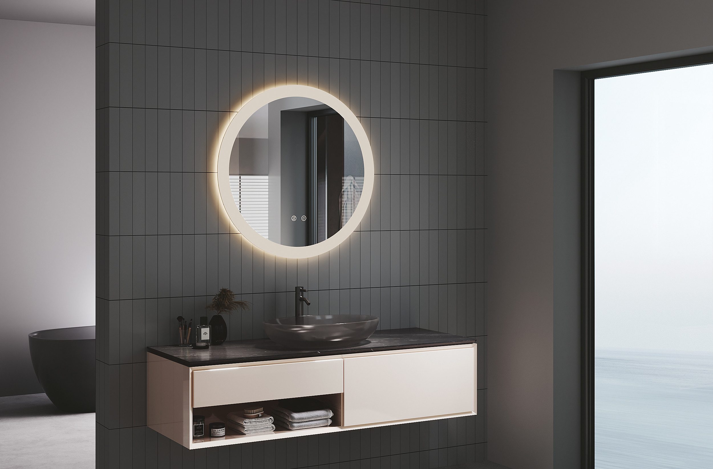 IMPTS Badspiegel Badezimmer Bad Wandspiegel mit LED Beleuchtung Beschlagfrei Dimmbar (Packung, Speicherfunktion, Beschlagfrei, Touch-Schalter, Energiesparend), Anti-Beschlag Memory Funktion Neutralweiß Horizontal/Vertikal Montage