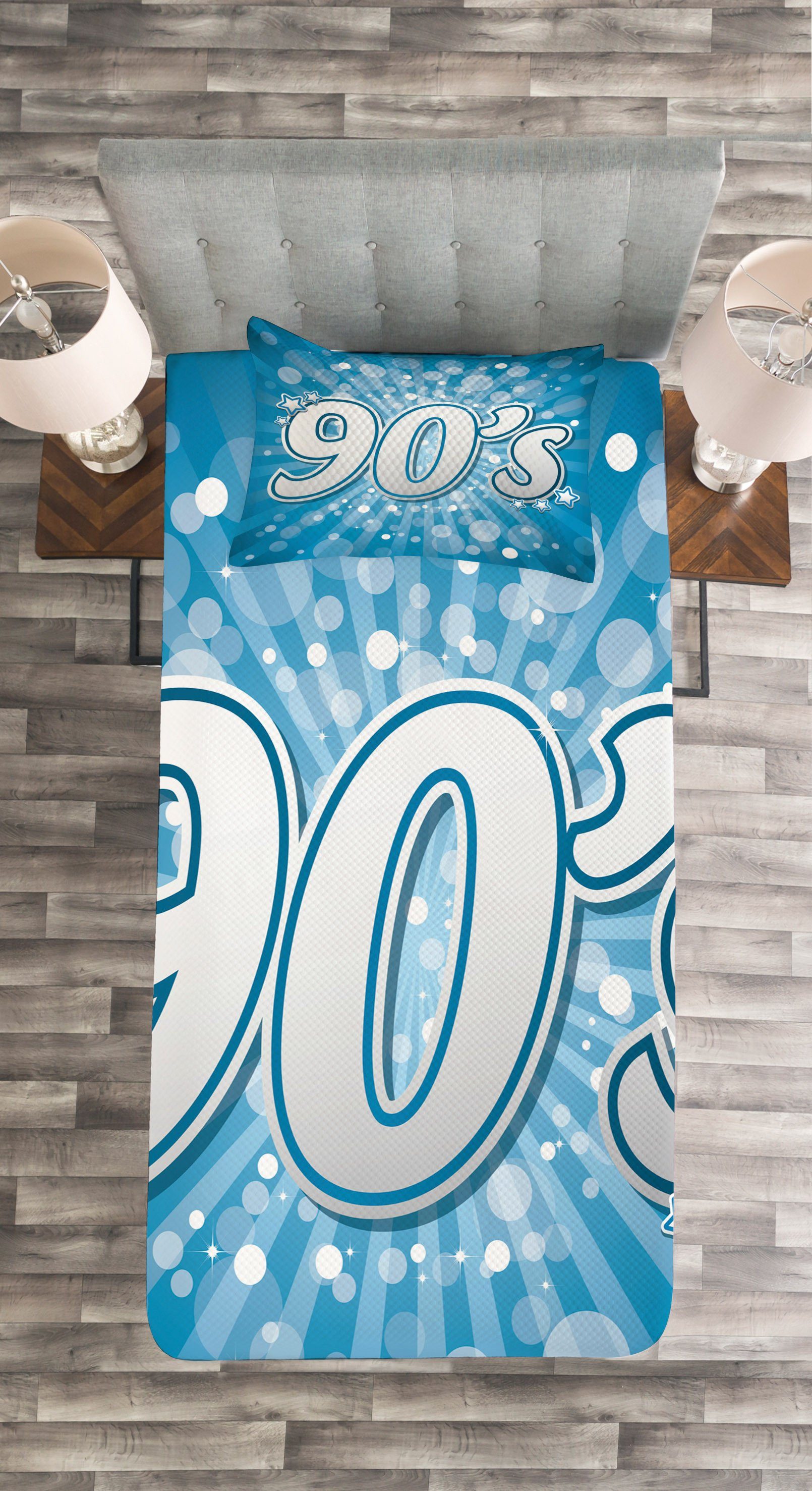 Tagesdecke Set mit 90s Waschbar, Kissenbezügen Pop-Art-Stern-Retro Abakuhaus, Blau