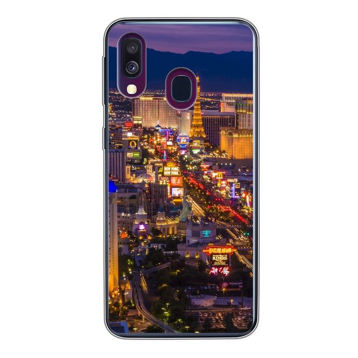 MuchoWow Handyhülle Nacht - Las Vegas - Lila Handyhülle Samsung Galaxy A40 Smartphone-Bumper Print Handy