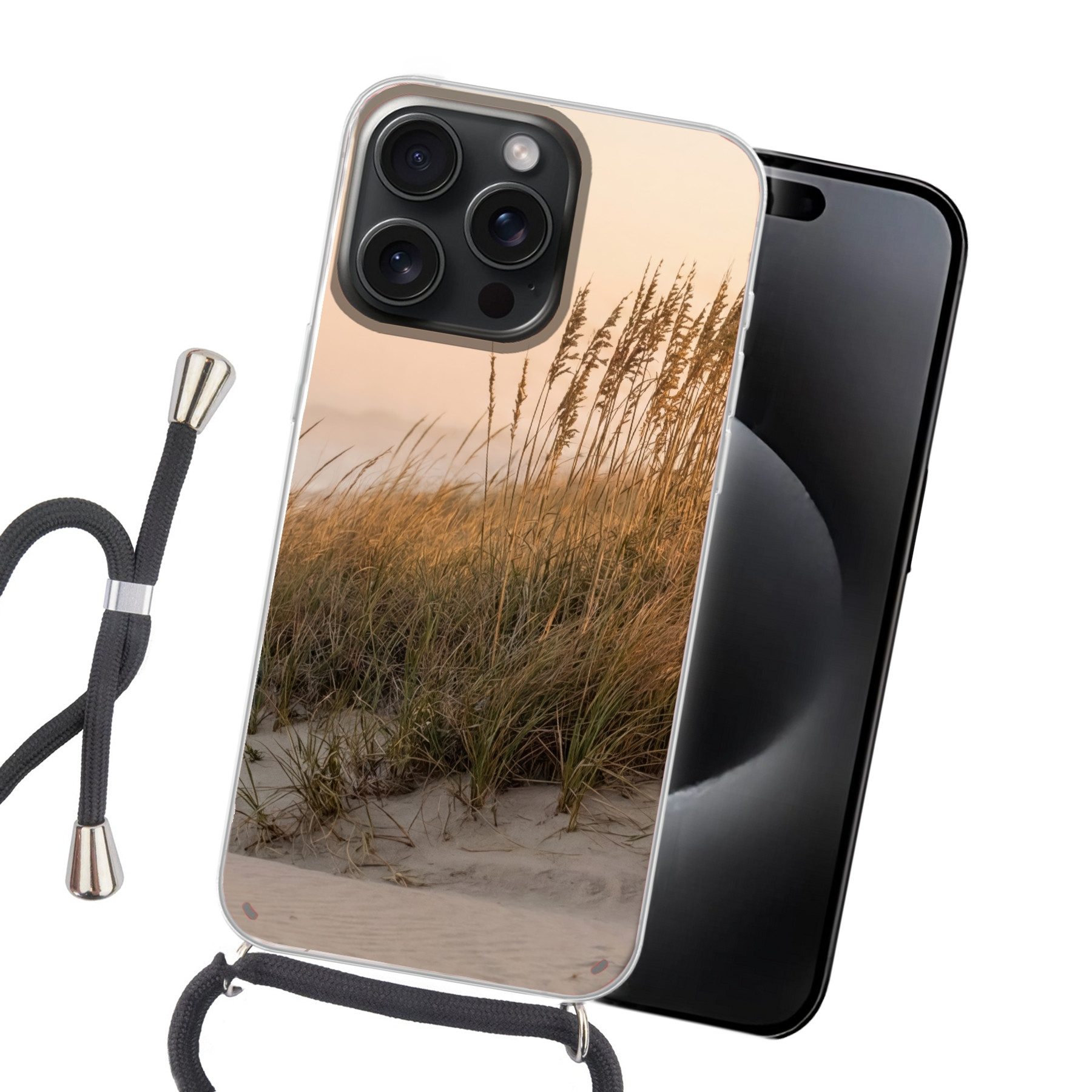 MuchoWow Handyhülle für Apple iPhone 15 Pro Max Dünenlandschaft - Sonnenuntergang - Strand, Tragbare Handyhüllen mit Kette zum umhängen, Handykette Handyband
