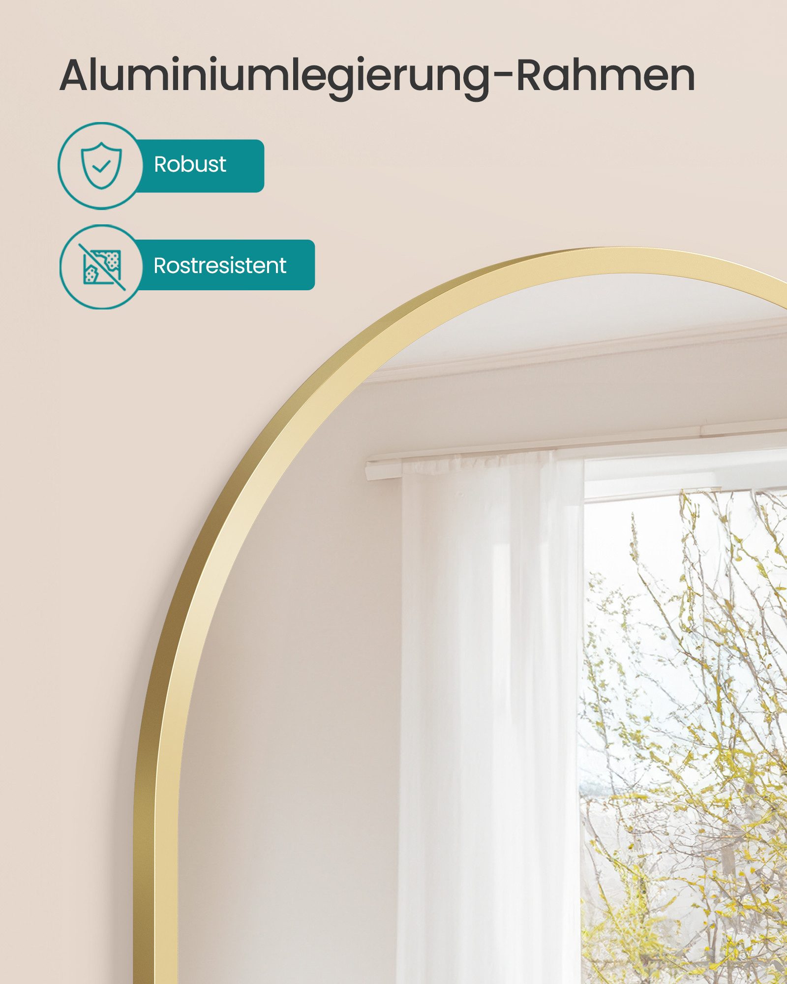 SONGMICS Standspiegel Spiegel für Bad, gewölbter Spiegel, für Wohn-, Schlaf- und Badezimmer, Aluminiumrahmen, mit Sicherheitsfolie, rechteckig/gewölbt