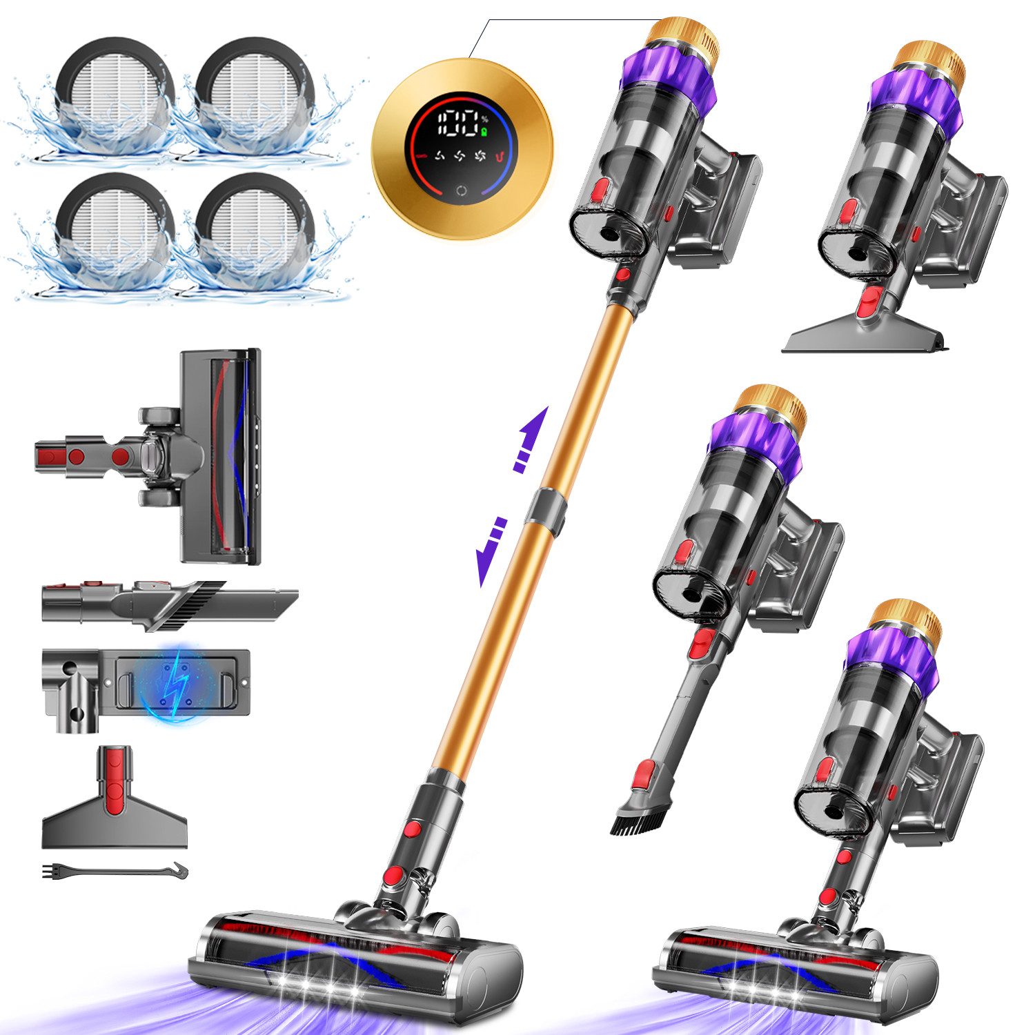 Hiazurm Akku-Hand-und Stielstaubsauger Akku Staubsauger, 80000Pa/70Min/1,8L Kabelloser Staubsauger, Vielseitiger Akkusauger für Teppich, Hartboden, Tierhaare, HEPA*4, Akkustaubsauger LED-Licht Bürste für Teppiche, Mit LED Display
