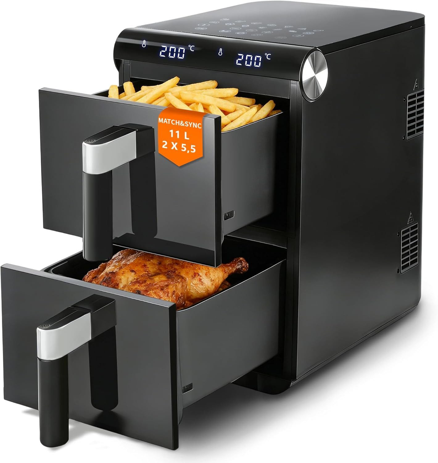 Nettlife Heißluftfritteuse XXL Air fryer Funktion 6/10/11L Sichtfenster 7/13 Programme Touchscreen, 2800 W, Dual Zone/ 2 Kammern