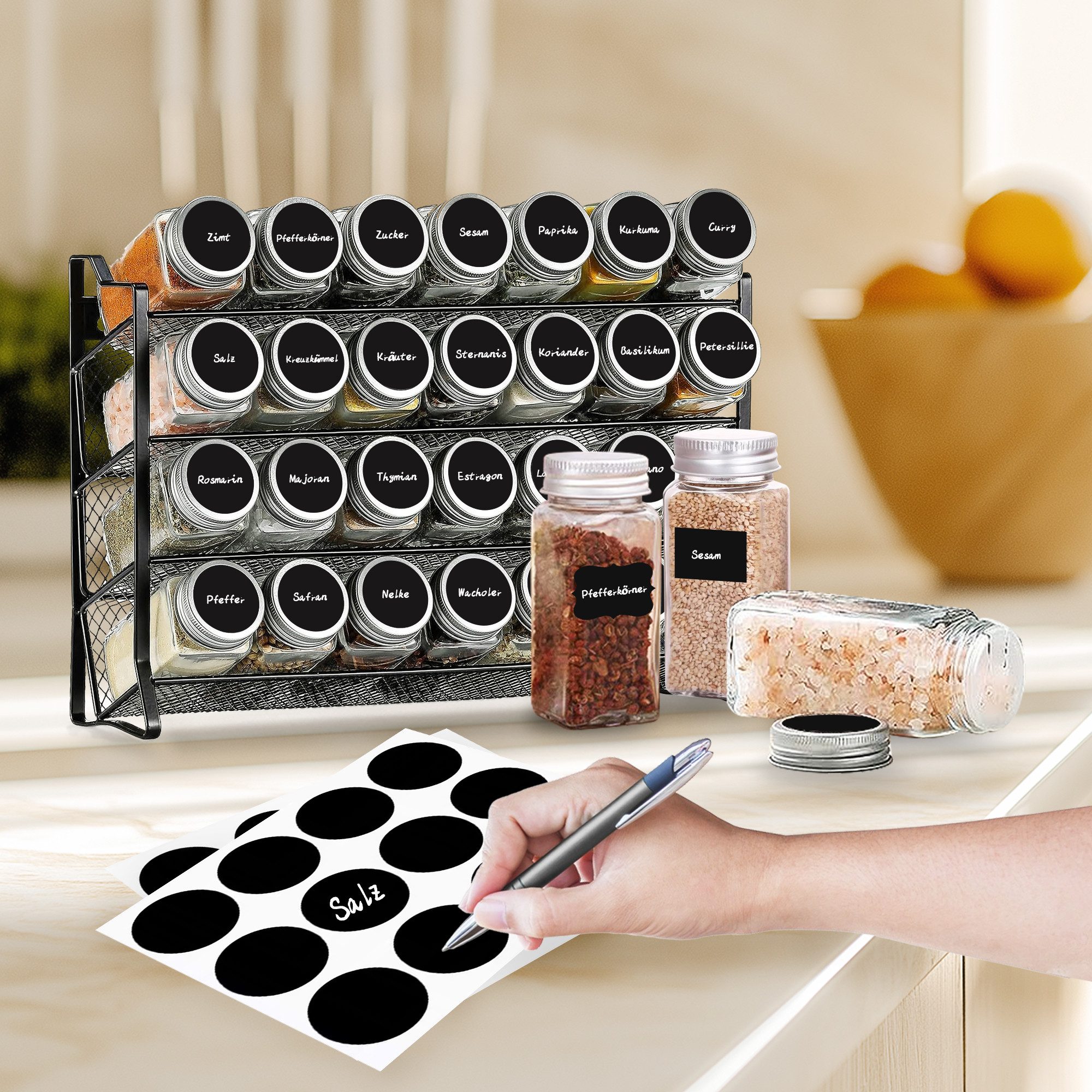 SEHAUSEU Gewürzregal Gewürzregal 4Etage mit 28 Gläsern schwarz Metall, 120 Gewürzetiketten, 28-tlg., 1 Flaschenbürste, 1 Trichter, 1 Stift – Bild 4 von 5