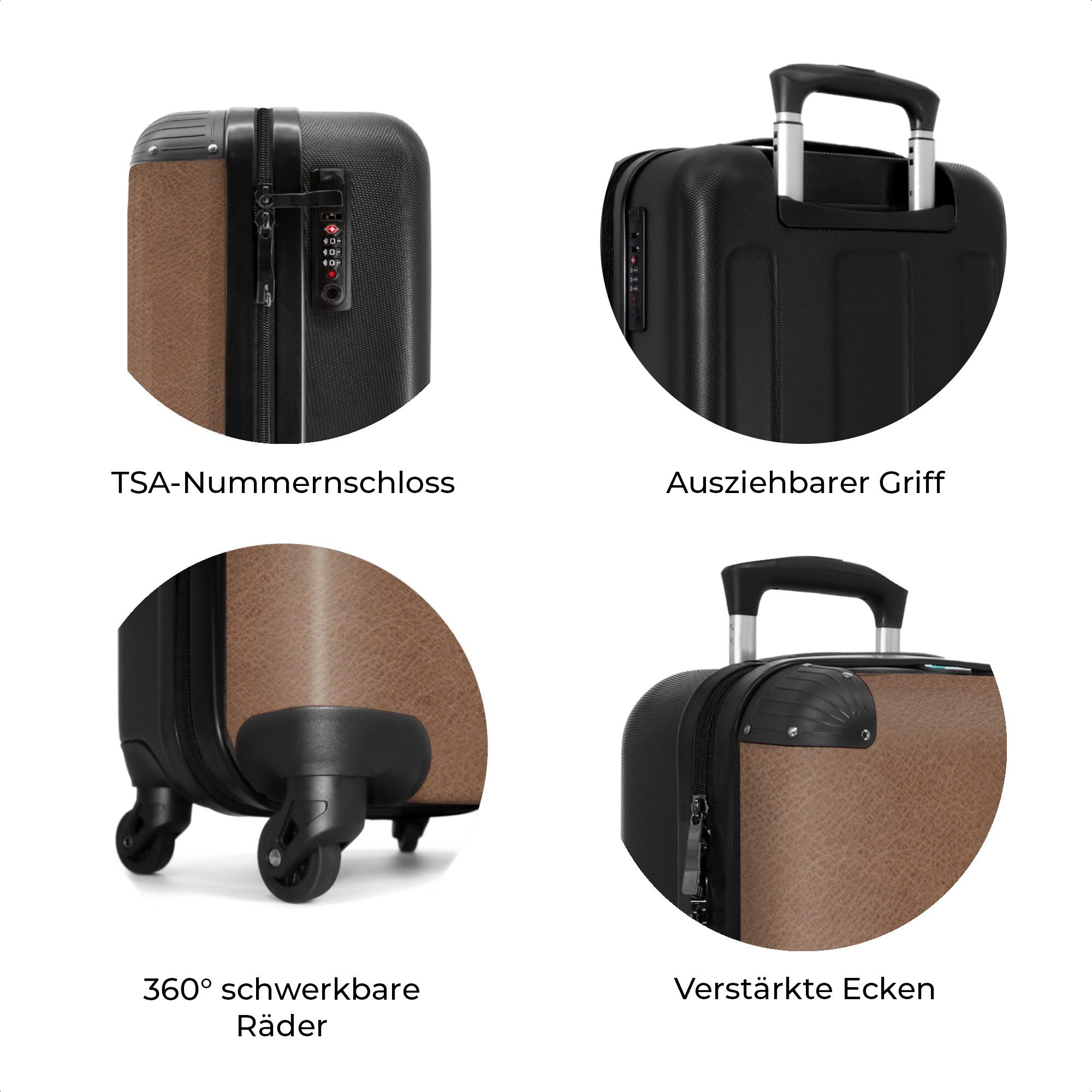 NoBoringSuitcases.com© Hartschalen-Trolley Lederoptik hellbraun 55x35x20cm, 4 Rollen, Reisetasche mit Rollen, Koffer Handgepäck Flugzeug