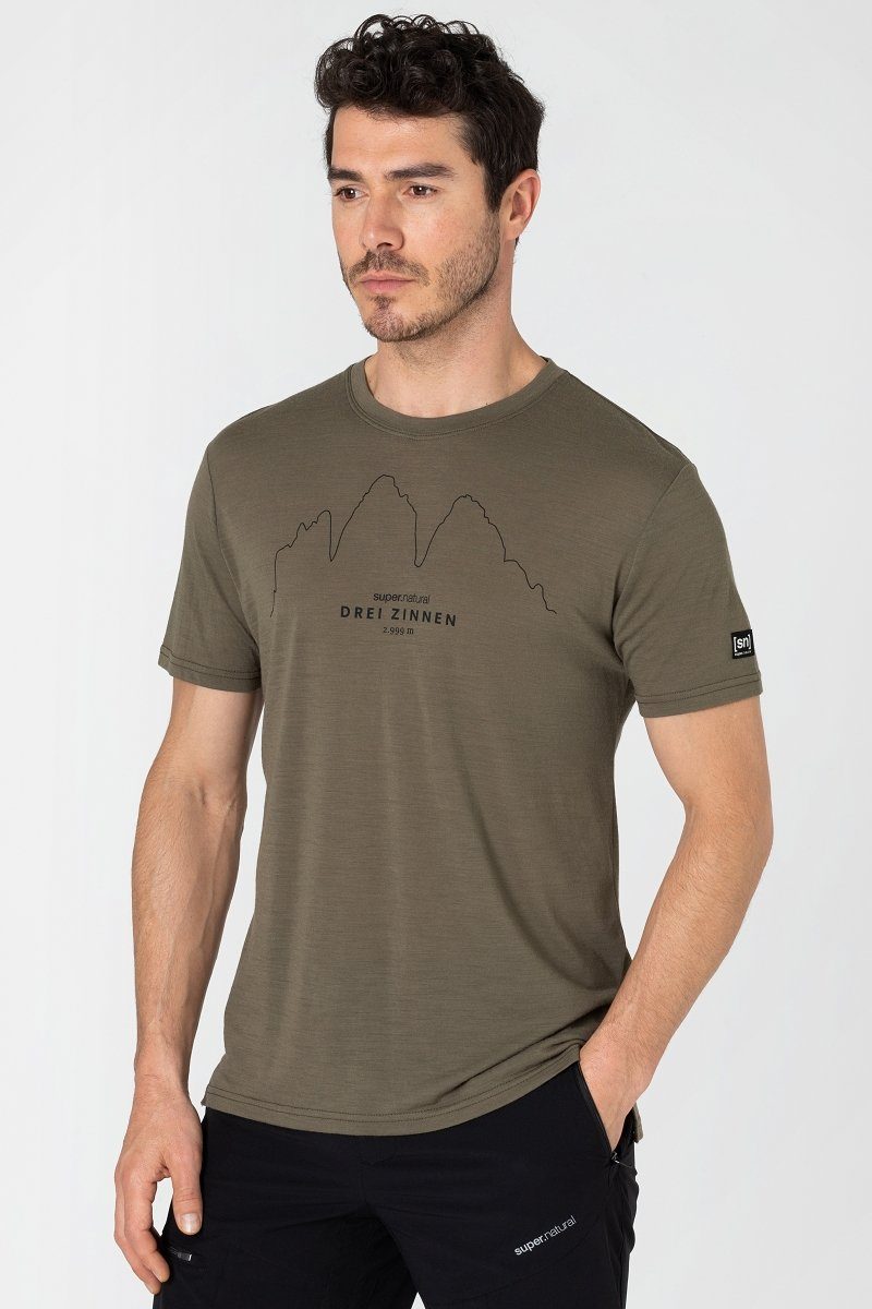 SUPER.NATURAL Grey/Jet Stone atmungsaktiver DREI Black T-Shirt M Merino TEE ZINNEN Merino-Materialmix Print-Shirt
