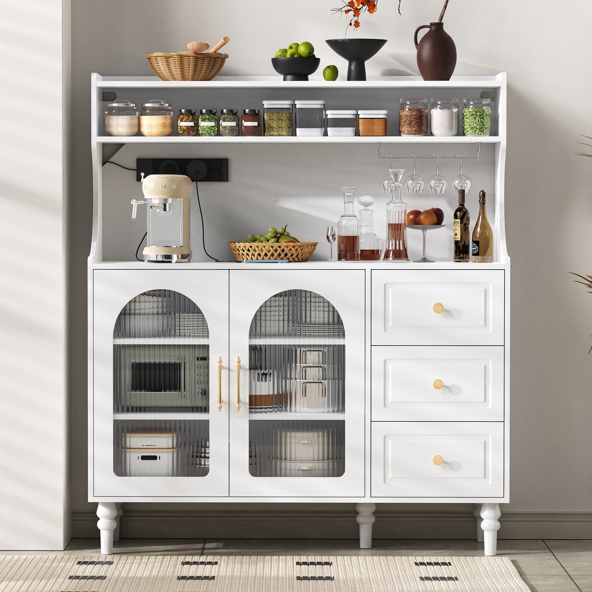 Flieks Küchenbuffet mit Steckdosen, Gläserhalter, Schubladen und Glastüren günstig online kaufen