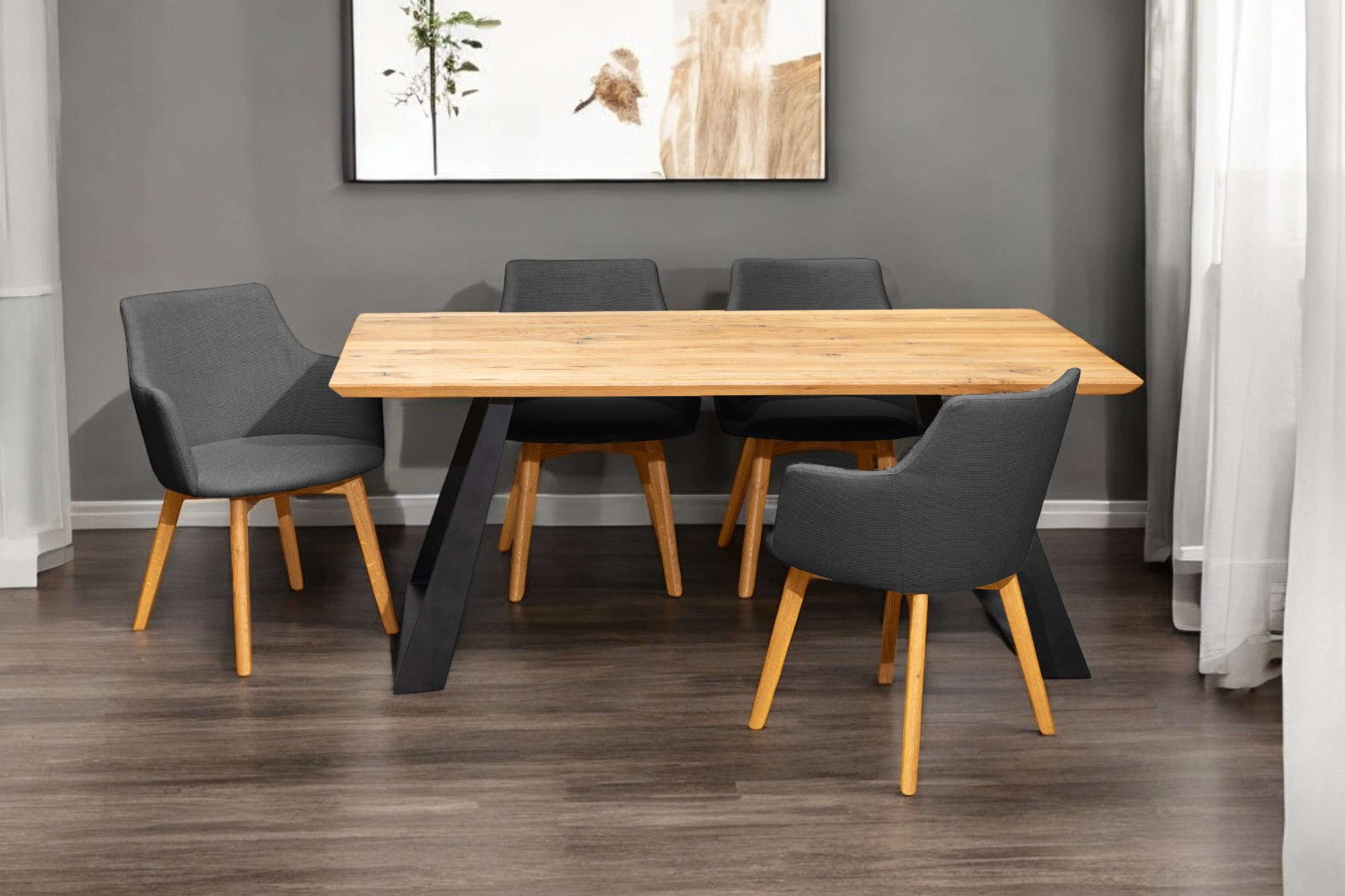 Home affaire Essgruppe Ena Sitzgruppe für Küche/Esszimmer, Esstisch mit 4 Polsterstühlen 5tlg, (Set, 5-tlg., 5-tlg), Stuhlbeine in Eiche Natur oder Buche Schwarz, Tisch 180 cm, U-Gestell