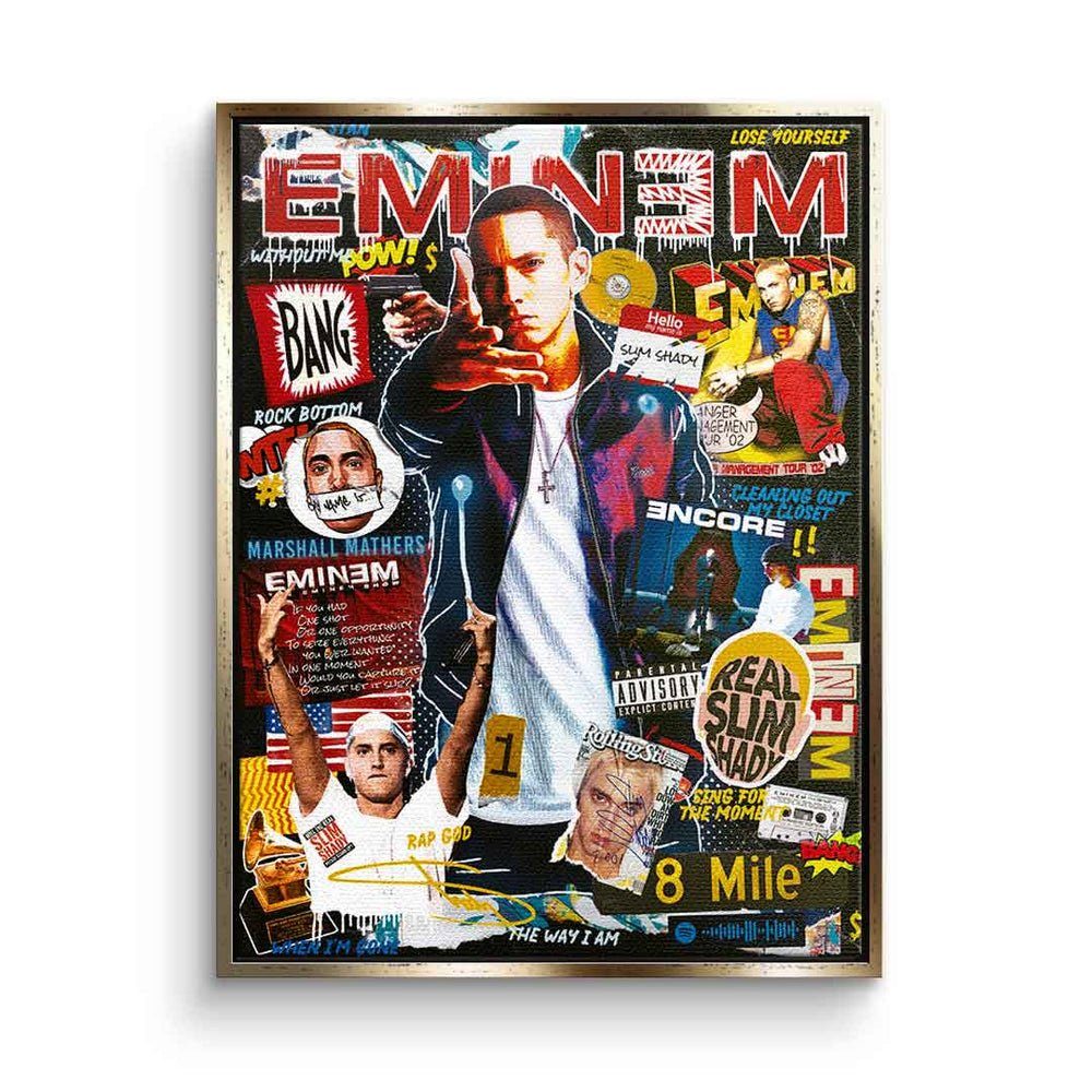 Leinwandbild Rahmen DOTCOMCANVAS® collage Pop Eminem premium mit Rahmen Leinwandbild, Art DOTCOMCANVAS goldener