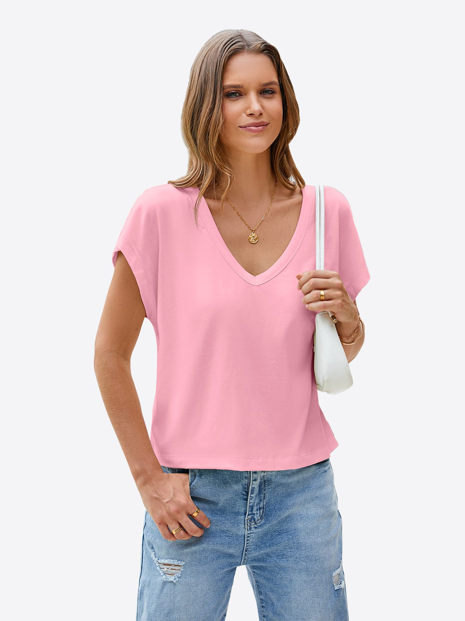 Imily Bela T-Shirt Damen Cropped Tiefer V-Ausschnitt Kurzarm Sommer Casual Basic (Packung, 1-tlg., 1per-Pack) mit Fledermausärmel Locker