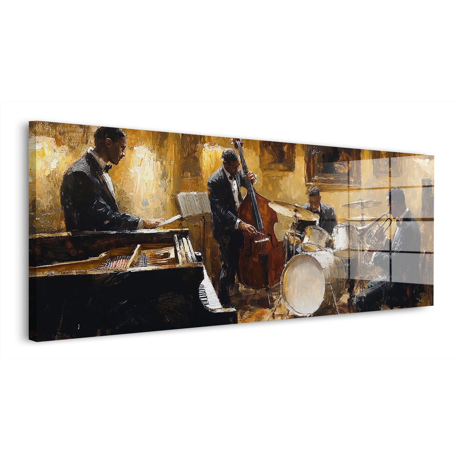 Artedinoi Acrylglasbild Jazz Trio Acrylglasbild Wandbild Klavier Schlagzeug Gold Schwarz XXL, Jazz Trio mit Klavier Kontrabass und Schlagzeug