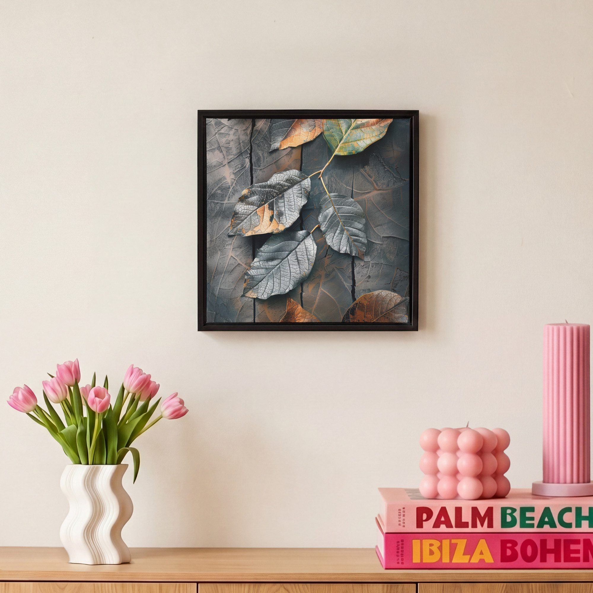 OneMillionCanvasses® Leinwandbild mit Rahmen - Blätter - Herbst - Grau - Natur, Fotodruck (1 St), Leinwand Bilder Klein, Wand Dekoration Aesthetic 20x20cm – Bild 4 von 5