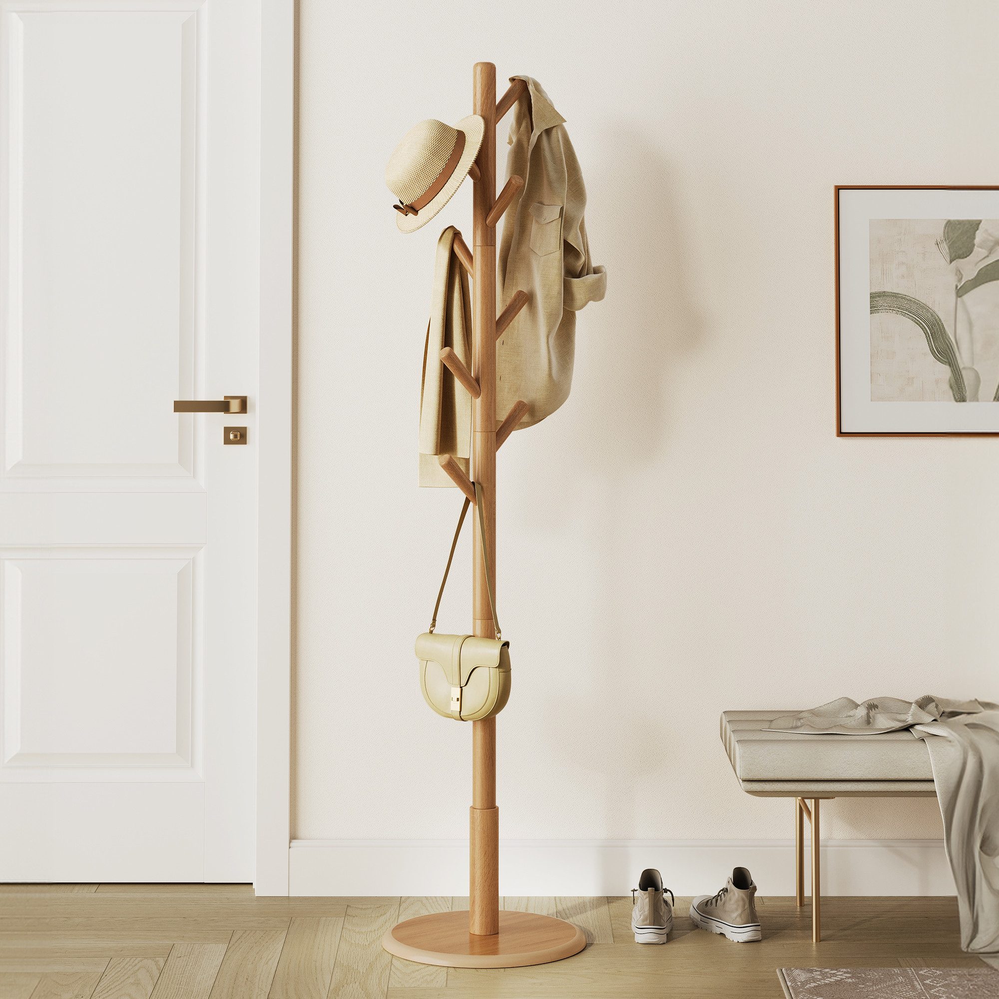 VASAGLE Garderobenständer Kleiderständer, Jackenständer Baumform, für Flur, 40 cm d X 171.8 cm H, 8 Haken für Jacken, Hüte, Haken und Haltestange aus Kautschukholz