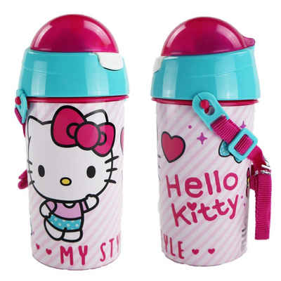 Hello Kitty Trinkflasche Hello Kitty Kinder Wasserflasche, Flasche mit integriertem Trinkhalm und Tragegurt 500 ml