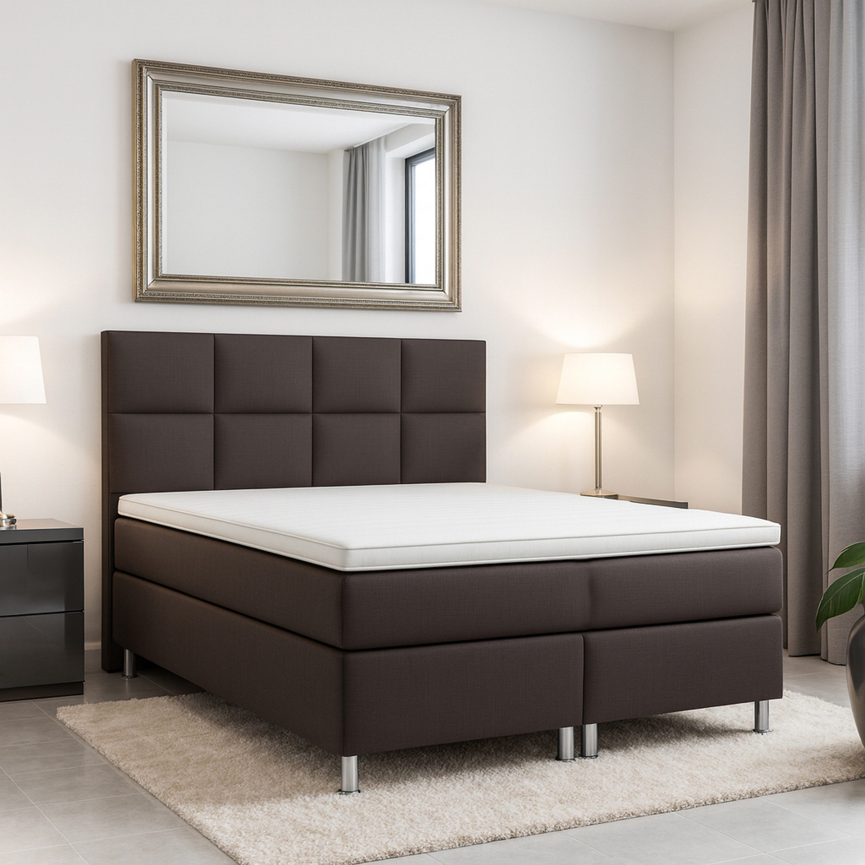 inter Boxspringbett MIAMI 140x200 cm 7-Zonen Taschenfederkern-Matratze inkl. Visco-Topper (Komplett Set), iInkl.Kopfteil, inkl.7 Zonen Taschenfederkernmatratzen, inkl.Topper