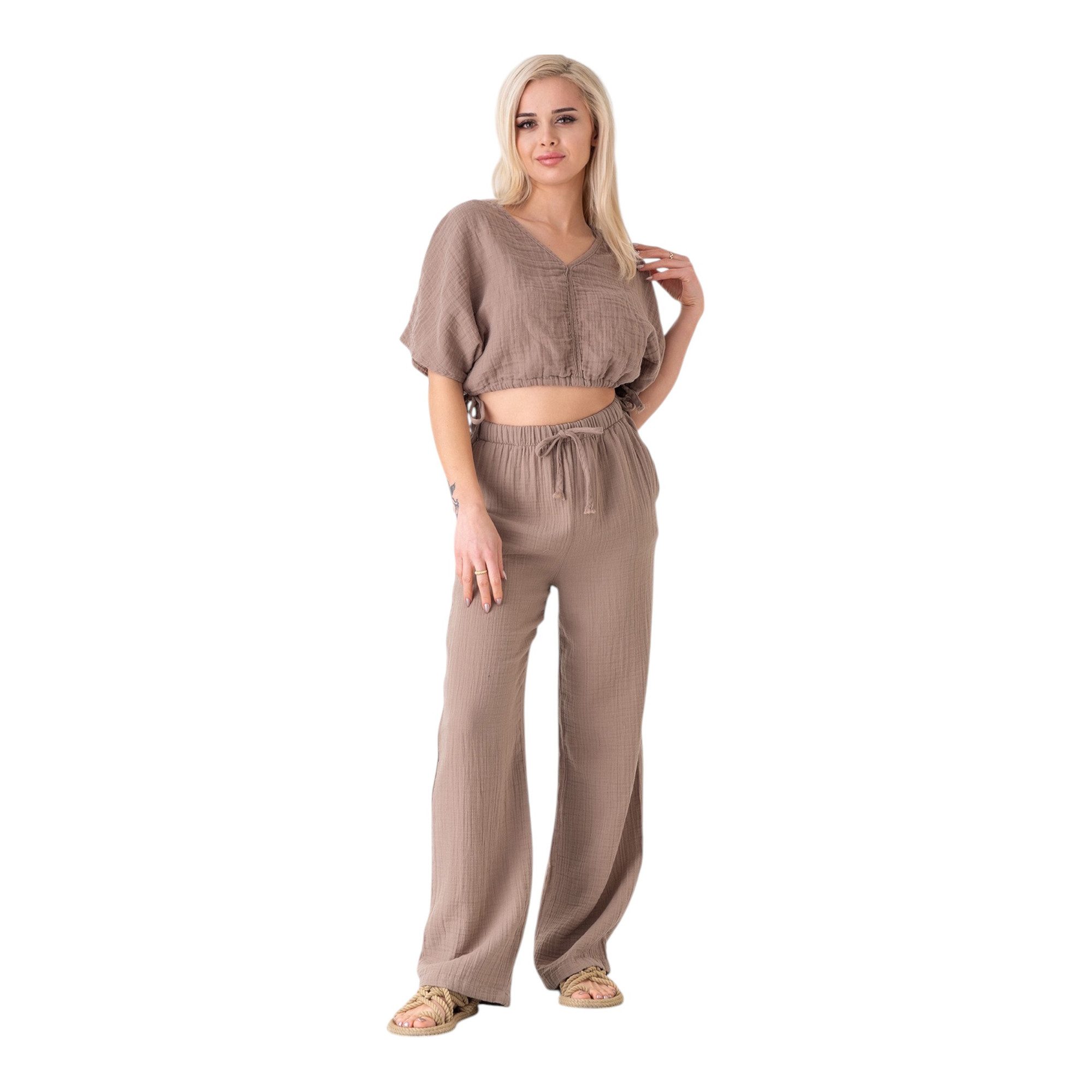 WENOR Palazzohose Damen Musselin-Hose - Sommerhose 100 % Baumwolle, elastischer Bund Weiter Beinverlauf, Musselinstruktur, luftiger Schnitt