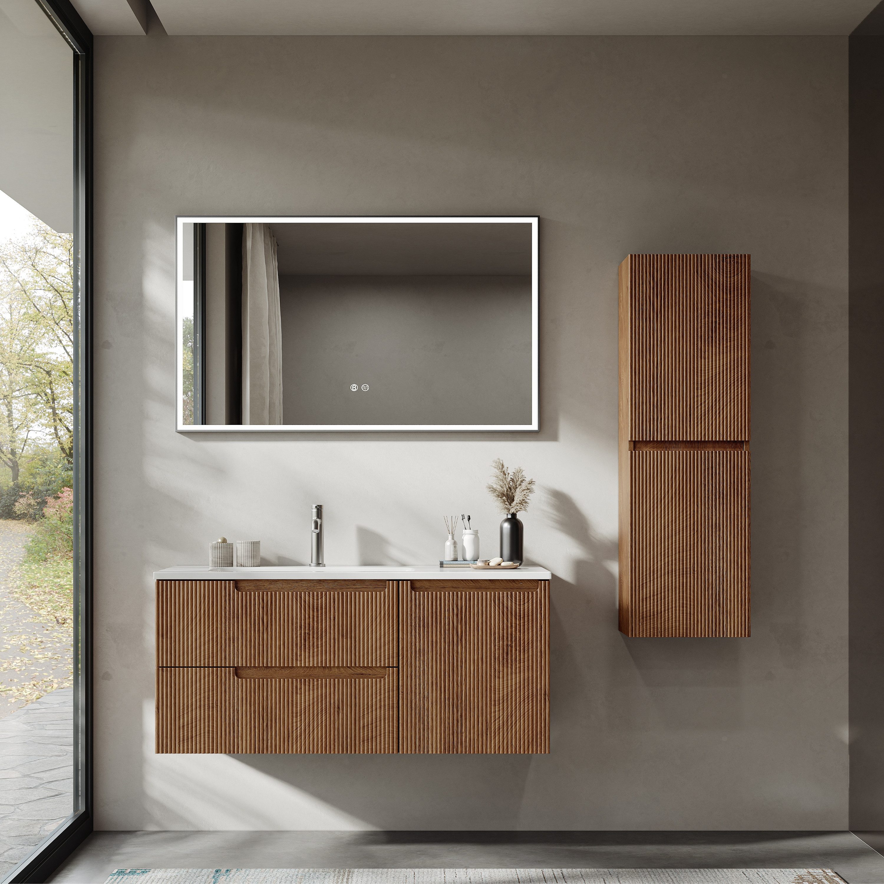 BRIDGE BENO Badmöbel-Set 100 cm Hängeschrank mit Mineralharzspüle, 2 Schubladen und Tür, Ultradünn, Soft-Close, Gerippter Akzent, Geeignet für große Badezimmer