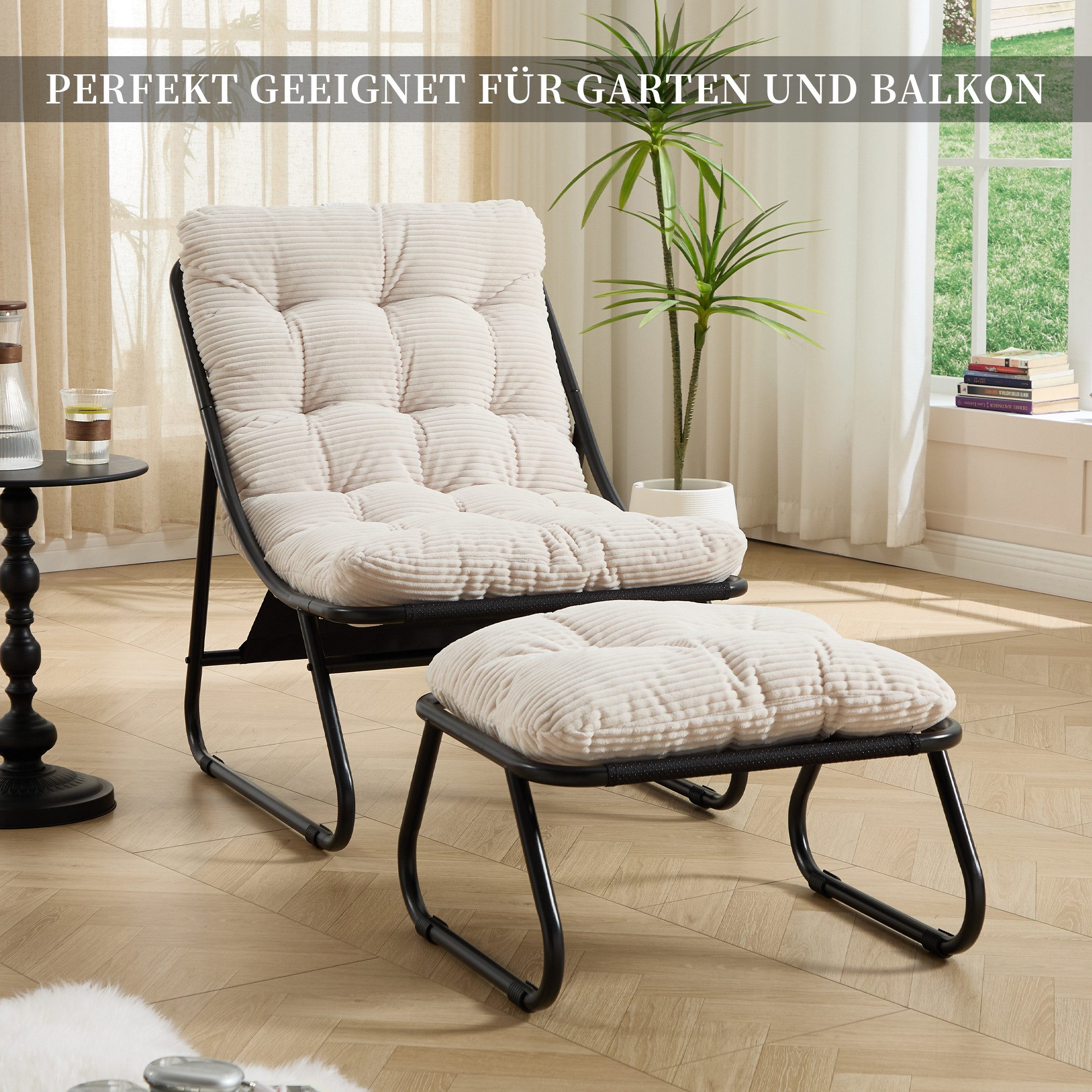 SeedWave Loungesessel mit Ottoman Liegestuhl Stahlgestell Gartenstuhl mit Trennbaren Pölster (bestehend aus Sessel und Hocker), Outdoor Terrassenstuhl für Garten usw. Außenbereich