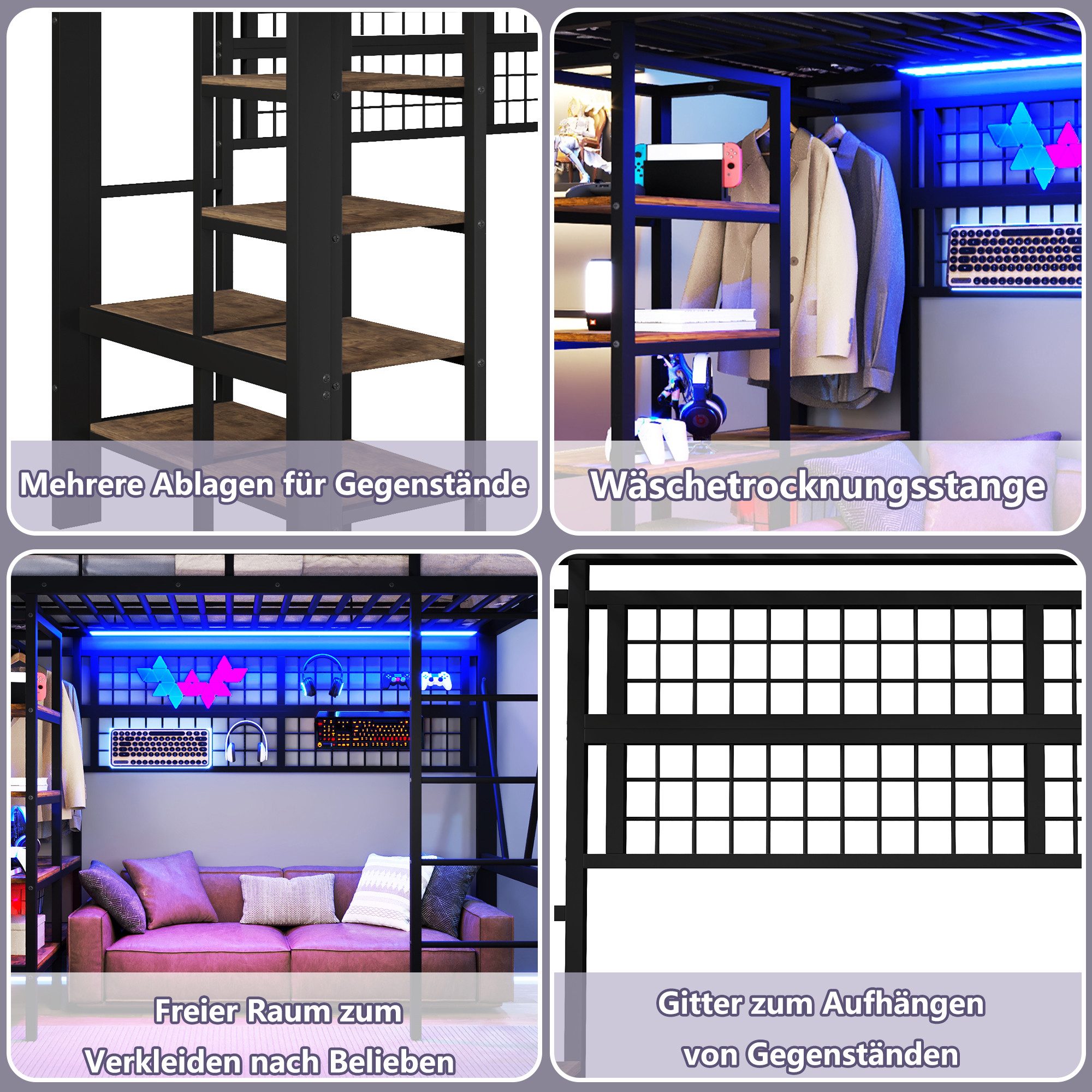 REDOM Hochbett mit LED-Beleuchtung, Netz zum Aufhängen (Jugendbett mit LED-Beleuchtung, Netz zum Aufhängen, Kleiderstange und Stauraum unter dem Bett, 90x200 cm) ohne Matratze