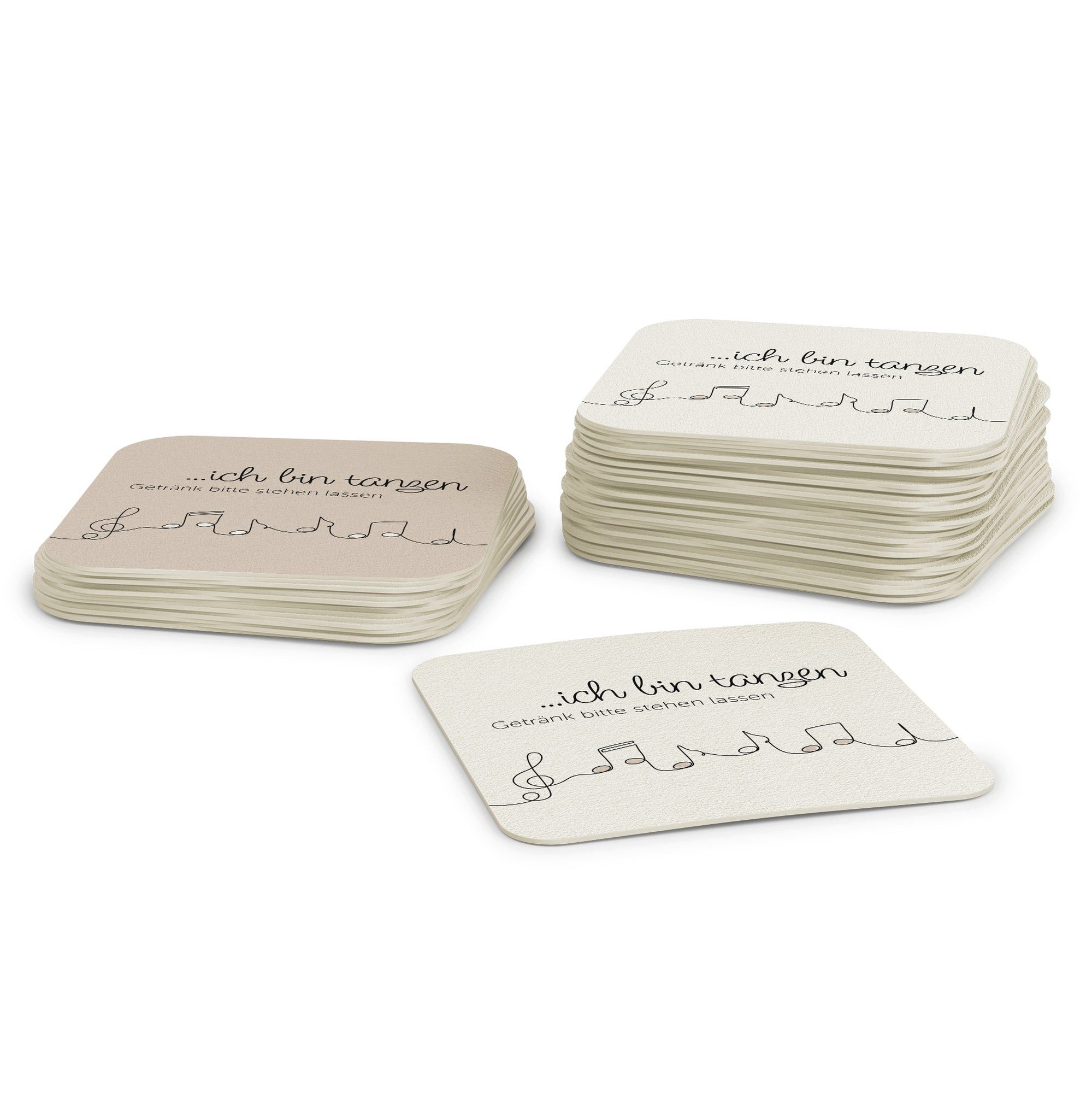 FLYERALARM Bierdeckel "ich bin tanzen" Wendedesign Weiß & Beige Rechteckig 50 Stück, Schlichtes Design, 9,3 x 9,3 cm
