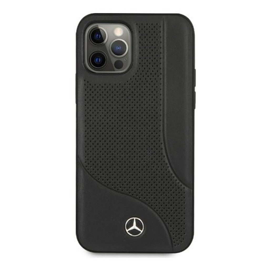 Mercedes Handyhülle Schutzschale Rückschale Smartphonetasche 6,7 Zoll, Echtleder, perforiert, Metall-Logo