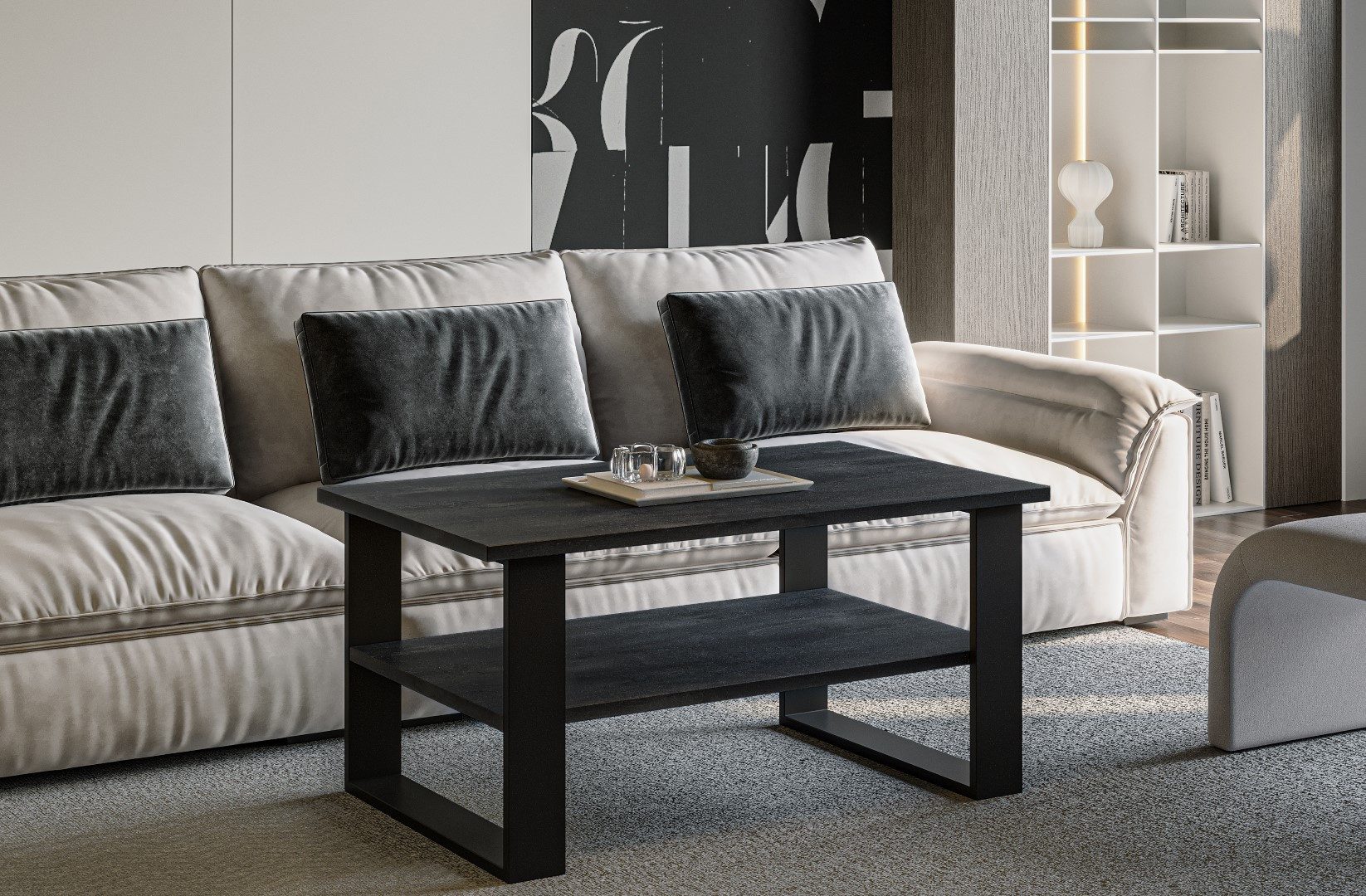 Endo-Moebel Couchtisch Inga 110/65/53 cm Wohnzimmertisch Metallkufen schwarz, Robust, Nachbildungsfurnier, Metallkufen, Ablagefach, 25mm, zerlegt