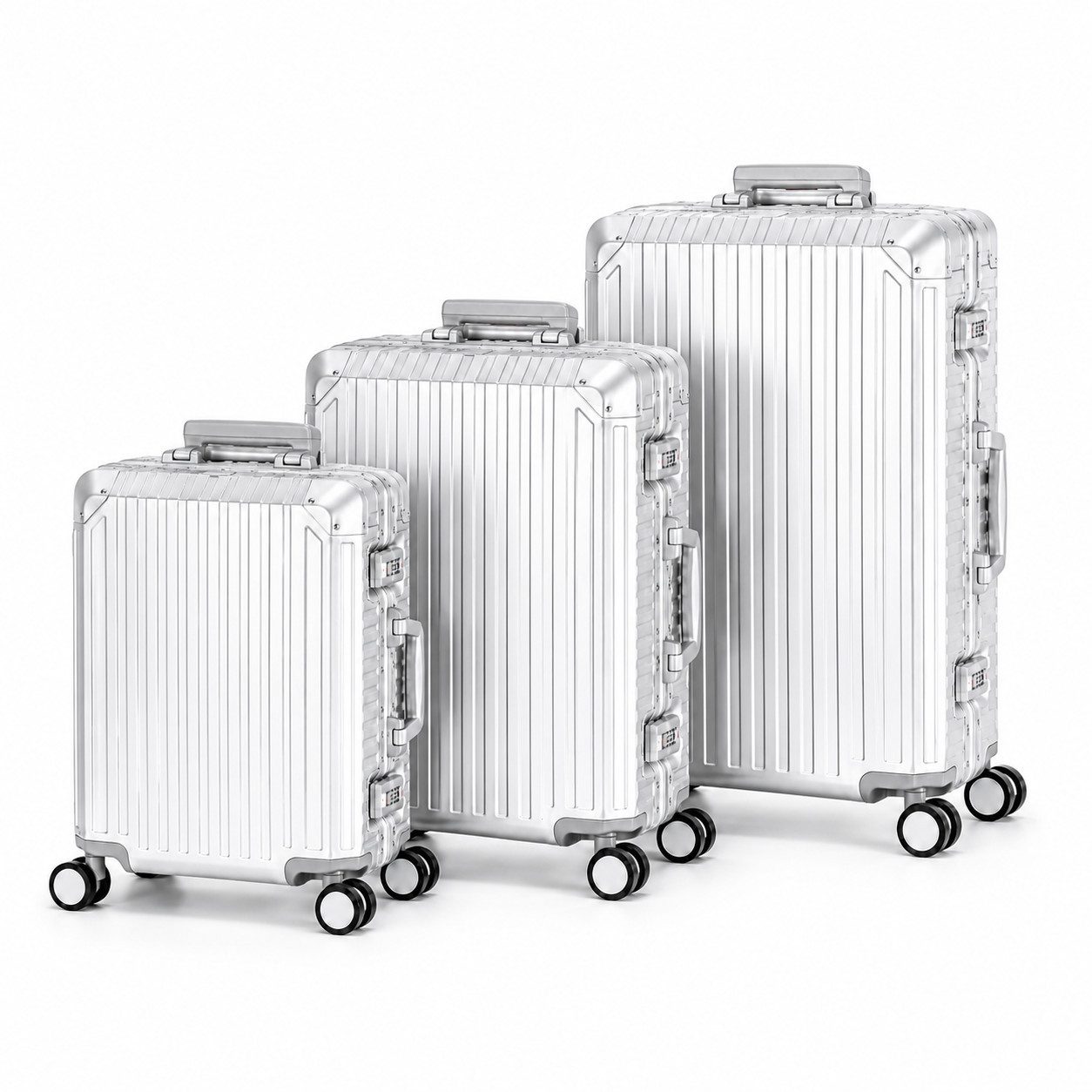 Travelhouse Kofferset 100% Aluminium TOKYO - verschiedene Farben, 4 Rollen, (3 tlg., S+M+L), Zipperless - Kein Reißverschluss, TSA Zahlenschloss, Nassfach