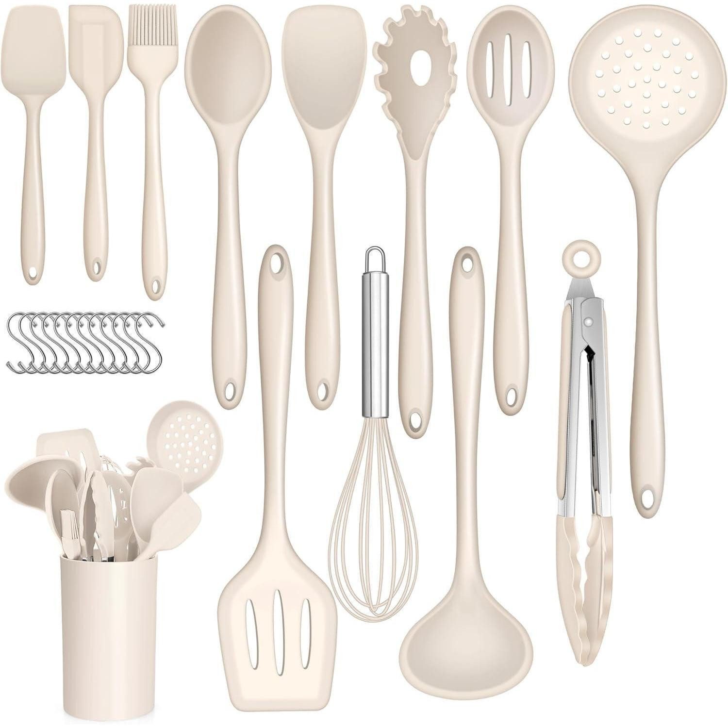 Kochbesteck-Set Küchenhelfer Set 25teilig Silikon Spülmaschinenfest S Haken Khaki