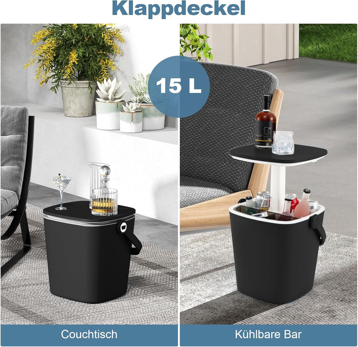 KOMFOTTEU Gartentisch 3 in 1 Cocktailtisch, 15 L Getränkekühler mit Deckel höhenverstellbar