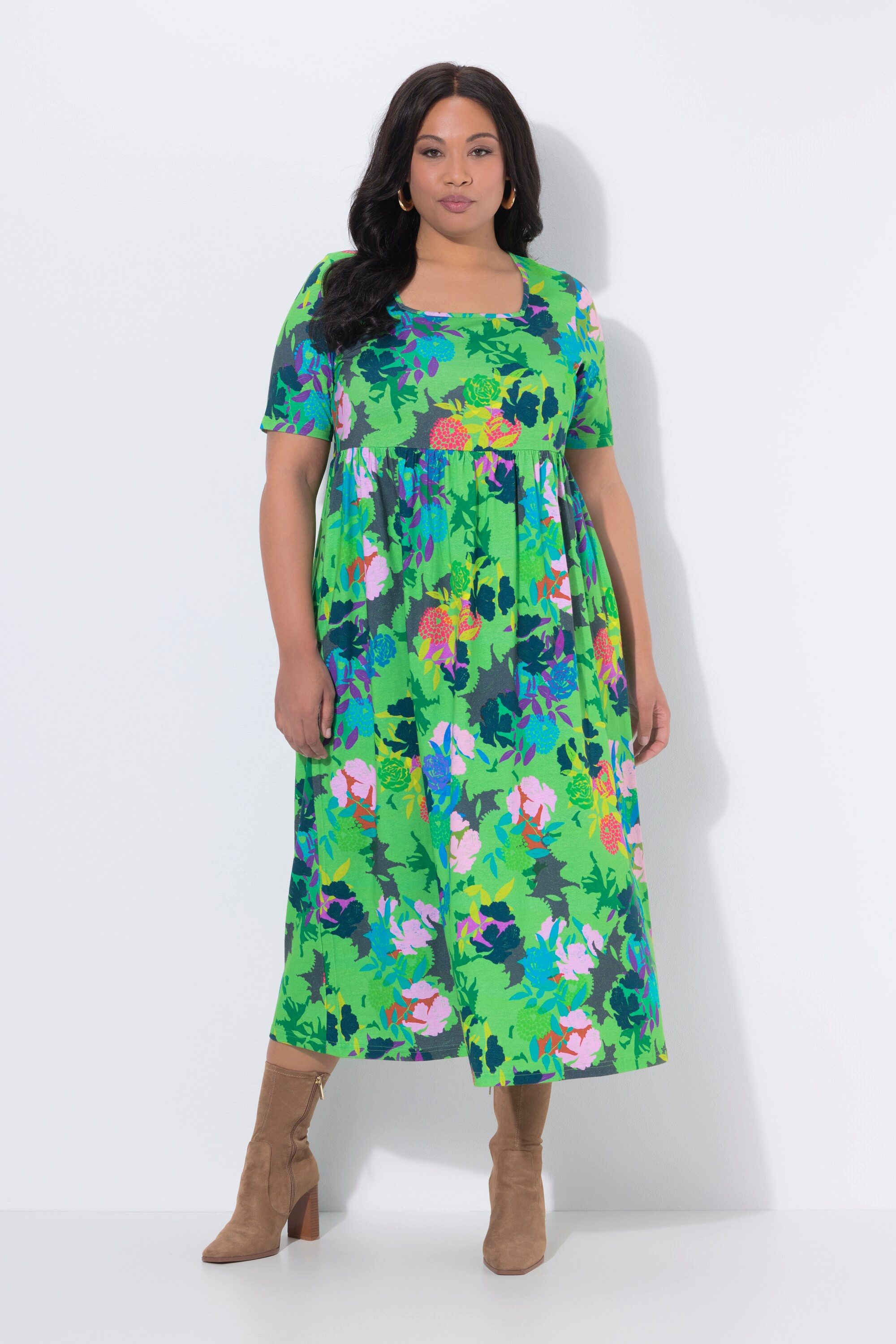 Ulla Popken Maxikleid Maxikleid A-Linie Carré-Ausschnitt Halbarm Taschen