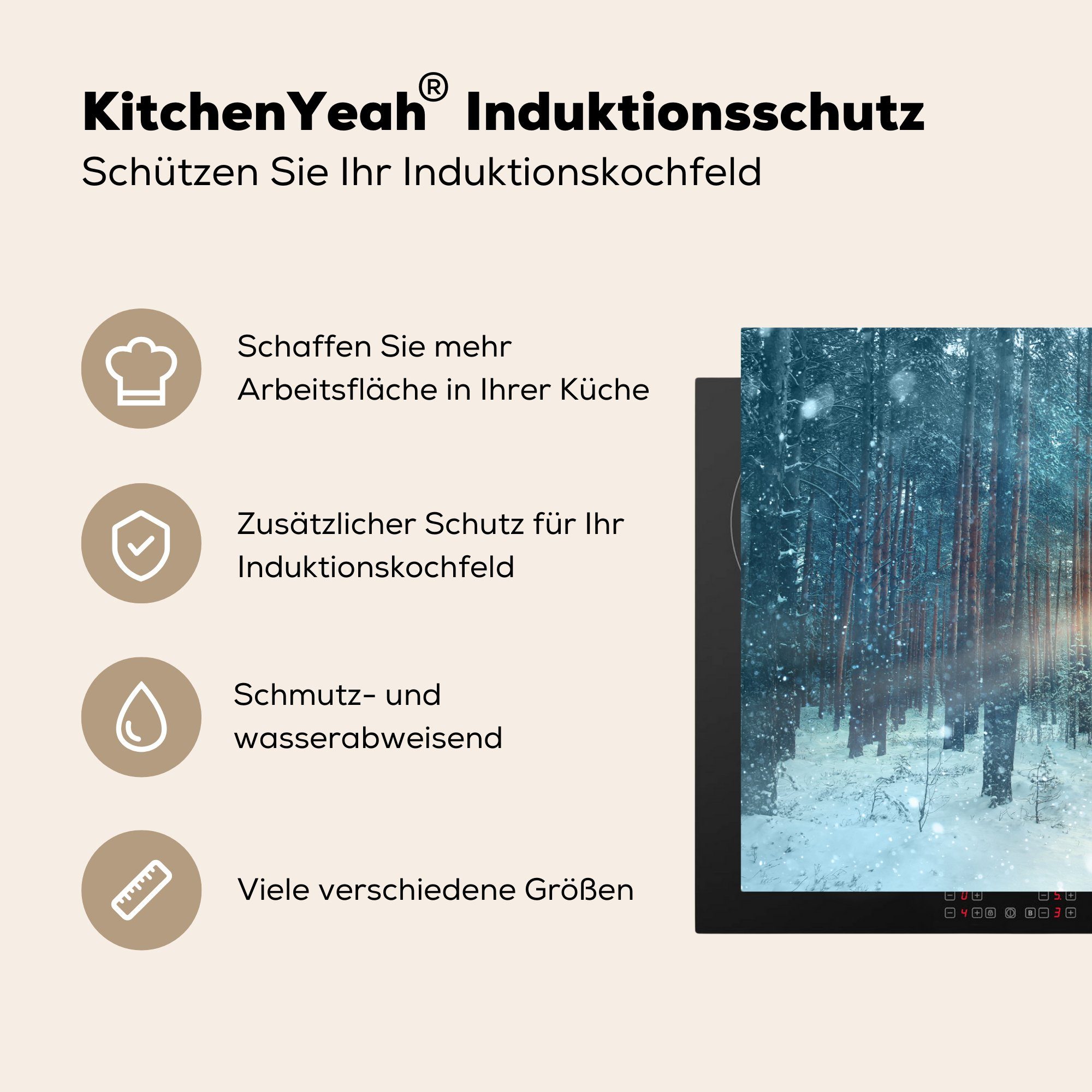 MuchoWow Herdblende-/Abdeckplatte für - Sonne Arbeitsplatte cm, Wald, Ceranfeldabdeckung, Schnee tlg), (1 Vinyl, Winter küche - 77x51 