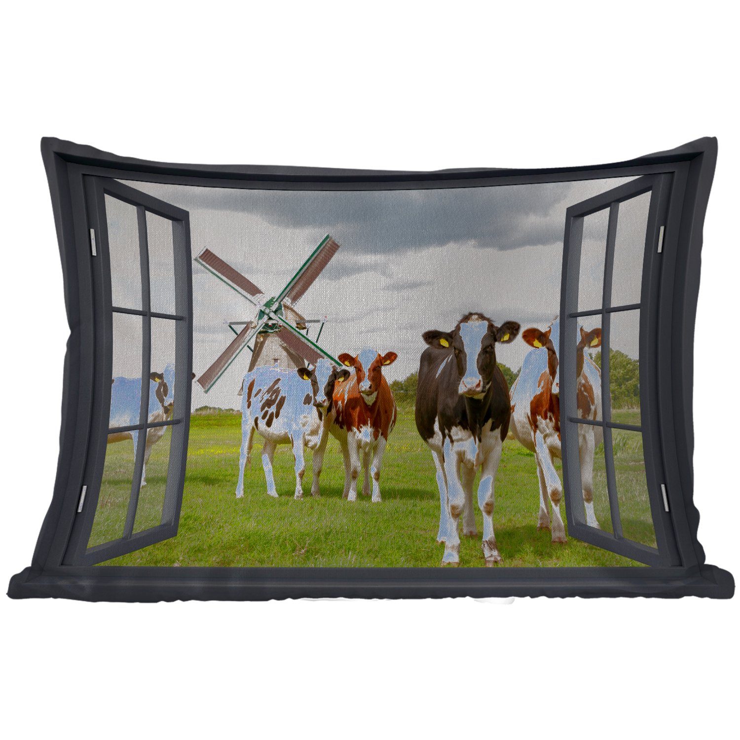 Wiese Grün, - - Kühe Kissenhülle - - Dekokissen MuchoWow Dekokissenbezug, - Gras Aussicht Outdoor-Dekorationskissen, Kuh - Mühle Polyester,