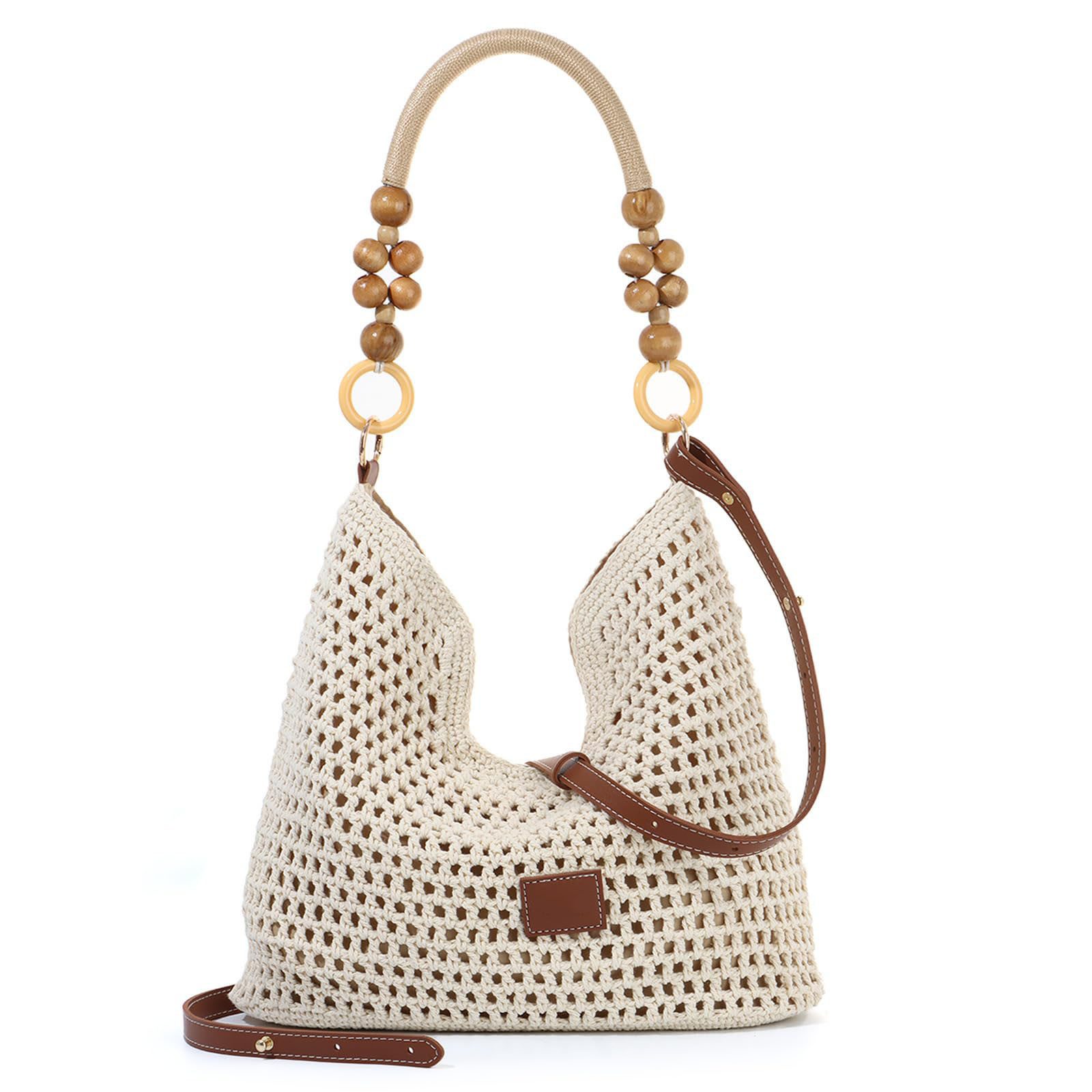 MOPUEA Strandtasche Damen Boho Straw Beach Bag Gehäkelte Baumwoll-Strick -Tragetasche (Schultertasche, Umhängetasche, Sommer, Strand, 1-tlg., Casual Groß Häkeltasche mit Leder Riemen für Urlaub Stadt Reisen), Tragegriff oben für Reisen, Einkaufen