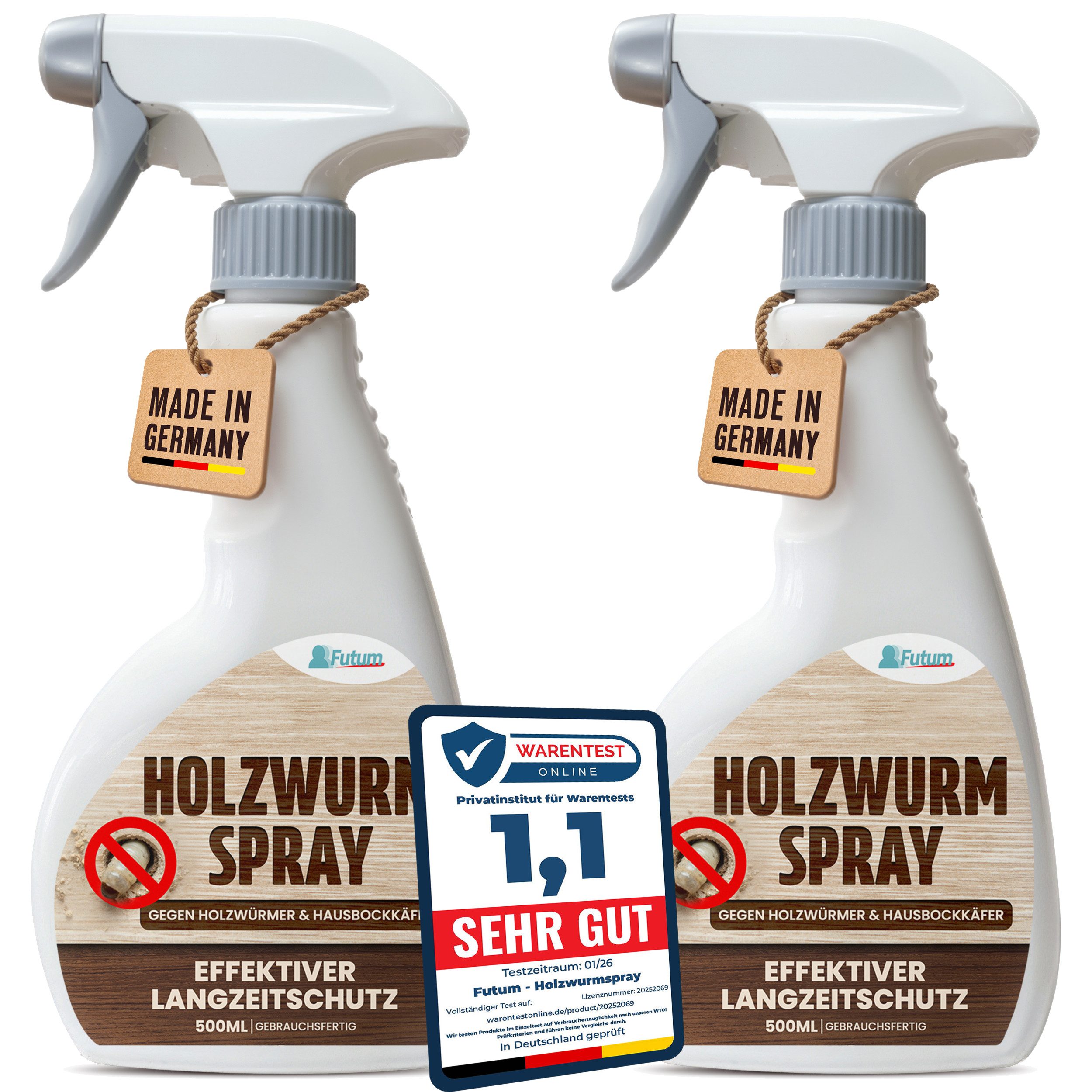 FUTUM Holzwurm-Ex 2x500ml Holzwurm-Spray gegen Holzwürmer, Hausbock mit Langzeitwirkung, MADE IN GERMANY