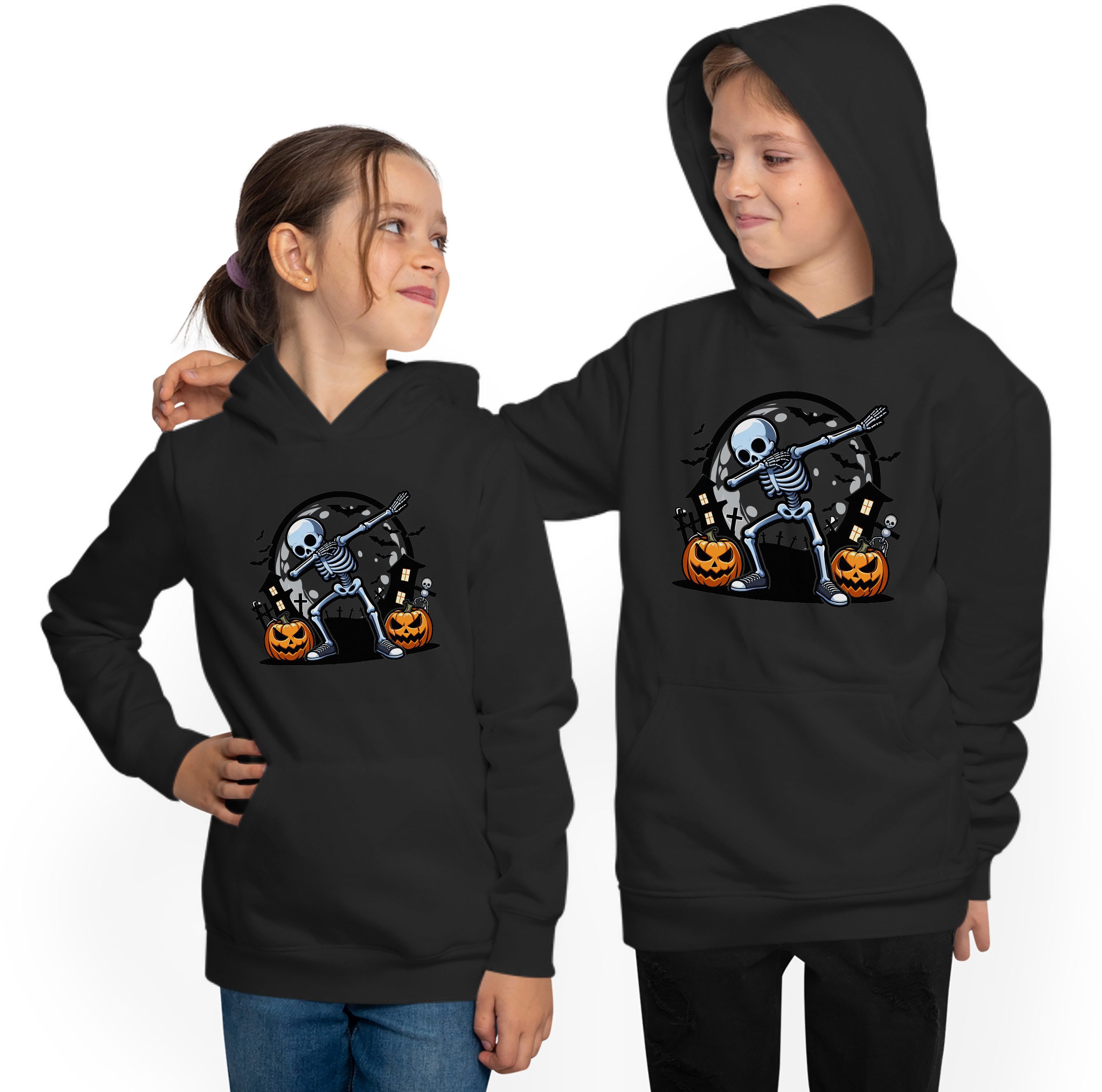 MyDesign24 Hoodie Kinder Kapuzensweater - Dab tanzendes Skelett Kapuzenpulli mit Aufdruck - Dabbing Kinder Halloween Hoodie i623 – Bild 2 von 5