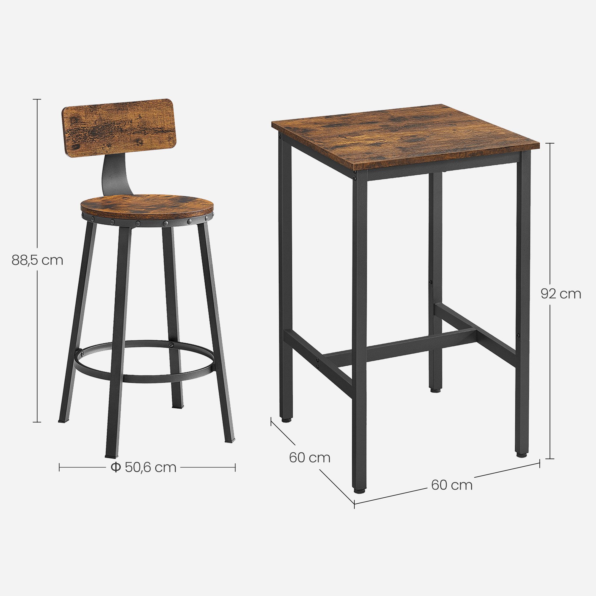 VASAGLE Bartisch, Bartisch mit 2 Barhockern Set, Metallgestell, einfache Montage