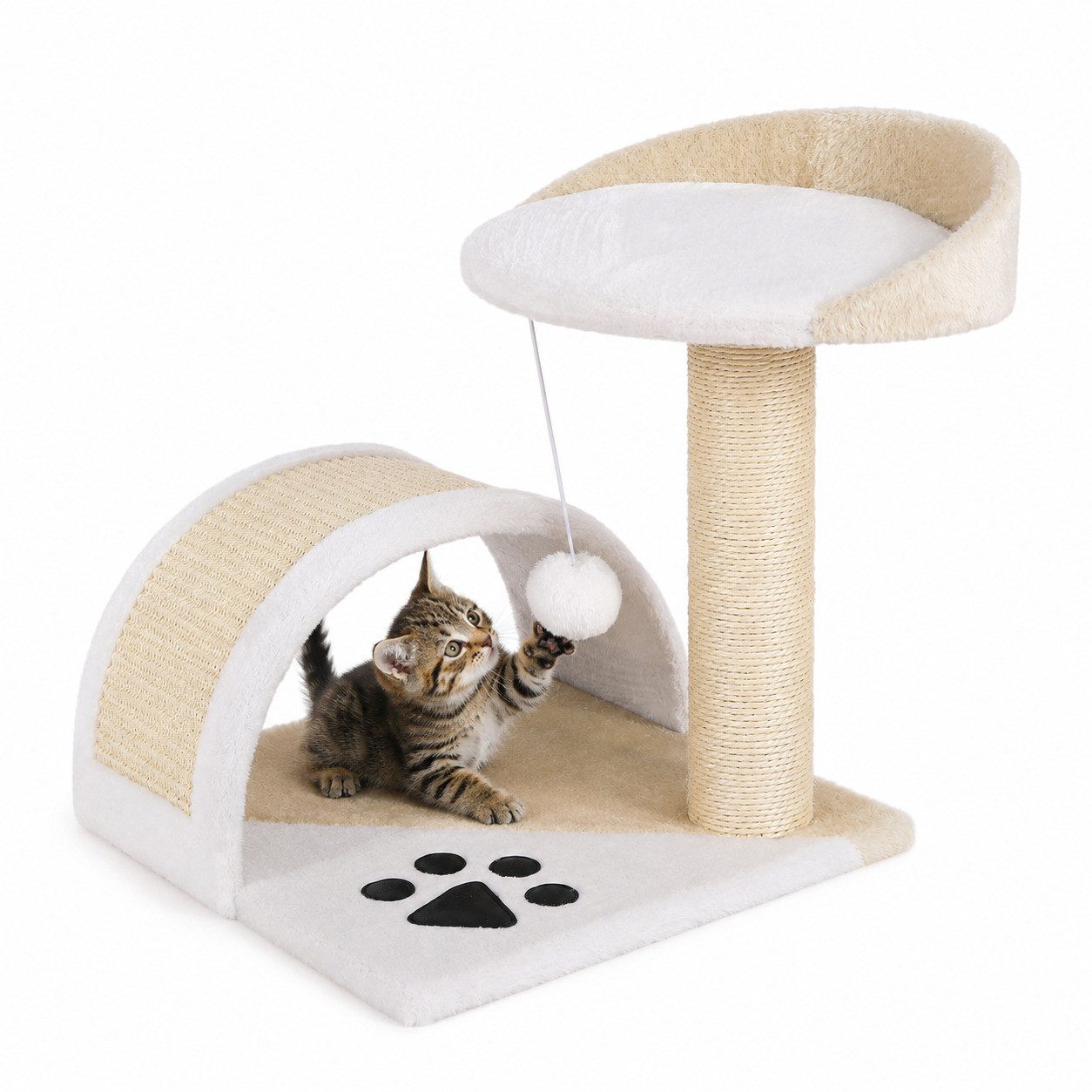 lionto Kratzbaum kompakt, mit Spielball, Kratzbogen & Aussichtsplattform, beige/weiß, platzsparender Katzenkratzbaum, Höhe 43 cm