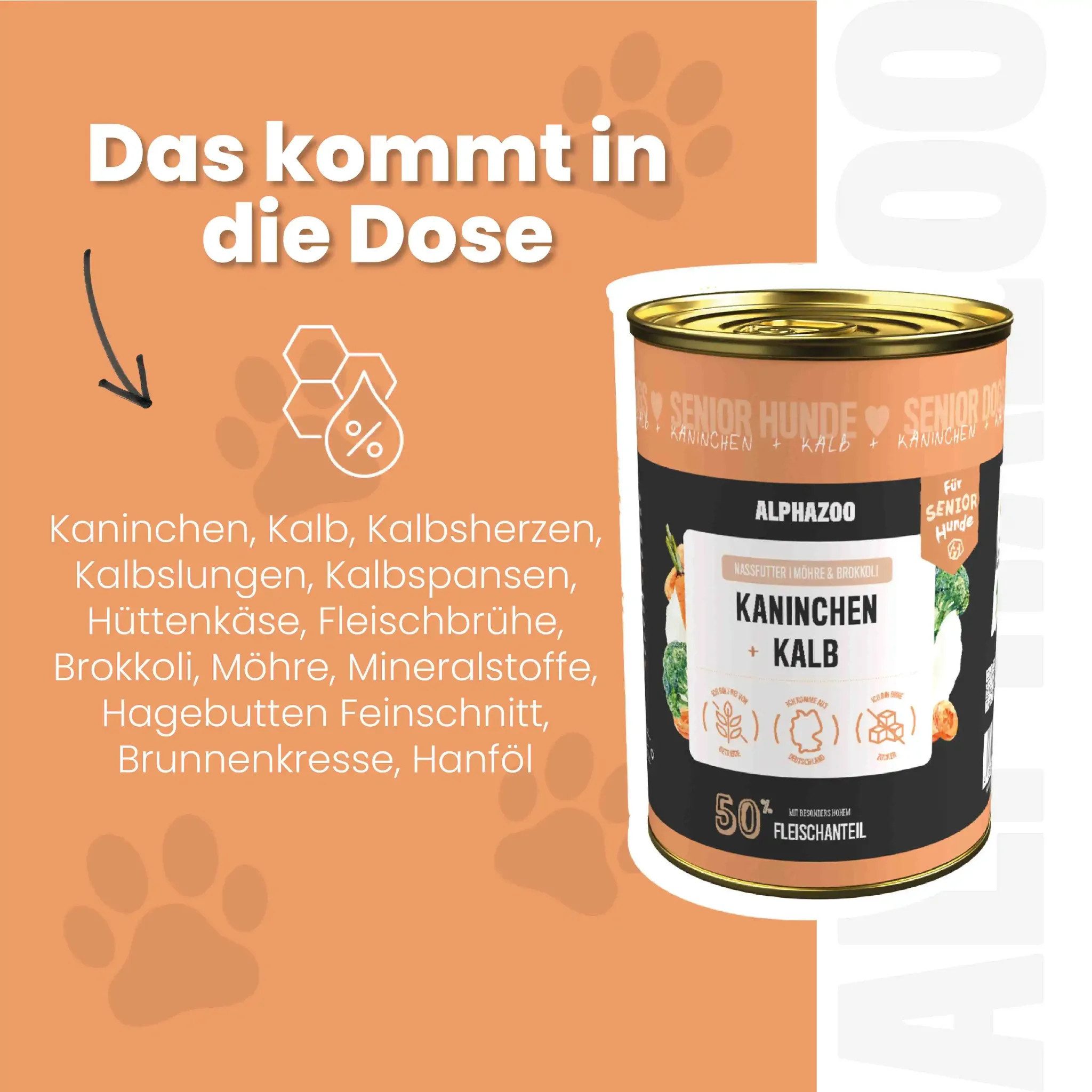ALPHAZOO Kaninchen + Kalb für Senior für Hunde 12x400g Kaninchen + Kalb, Nassfutter